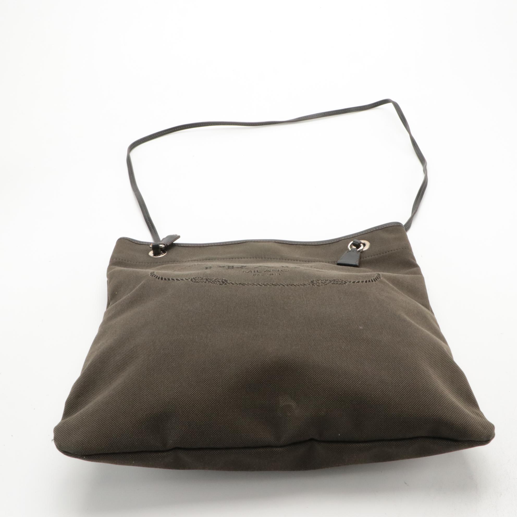 Prada Slim Crossbody Tote in Logo Canapa Canvas with Leather Trim