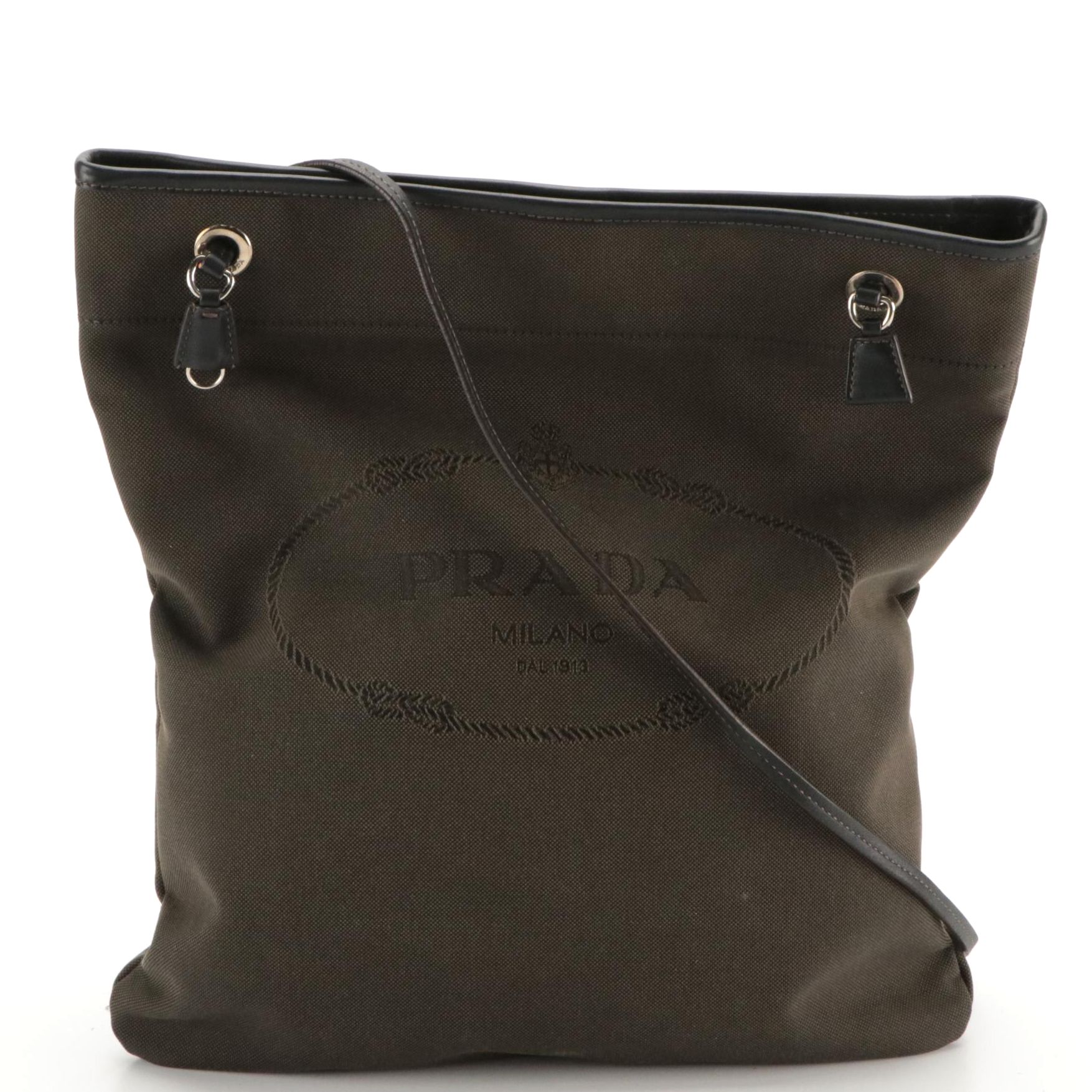 Prada Slim Crossbody Tote in Logo Canapa Canvas with Leather Trim