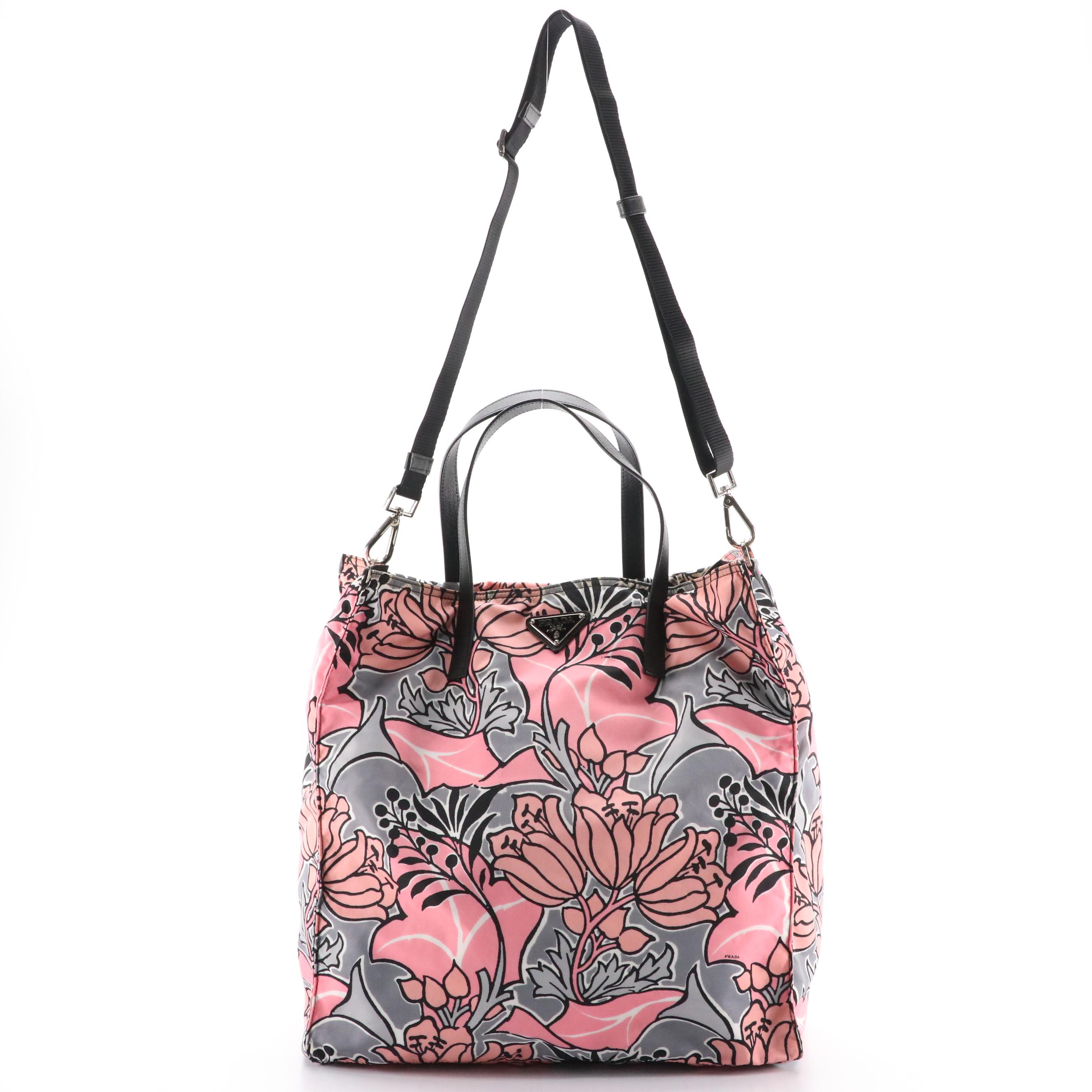 Prada Printed Tessuto Nylon Tote with Saffiano Leather Trim and Detachable Strap