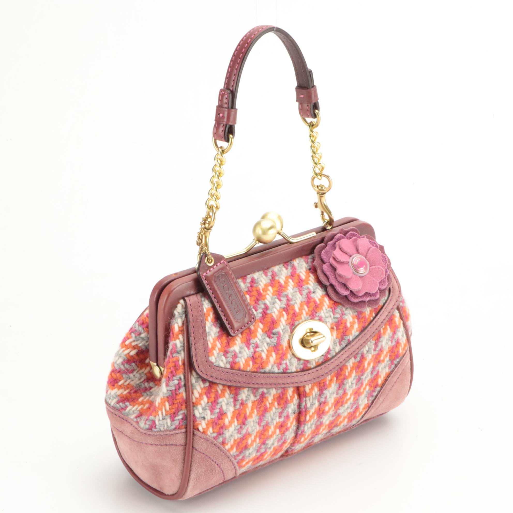 Coach Pink Houndstooth Kiss-Lock Bag & Heritage Stripe Signature Canvas Satchel