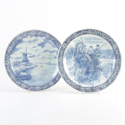 Boch Delft Blue Ceramic Plates Featuring Landscape and Sleigh Ride Scenes