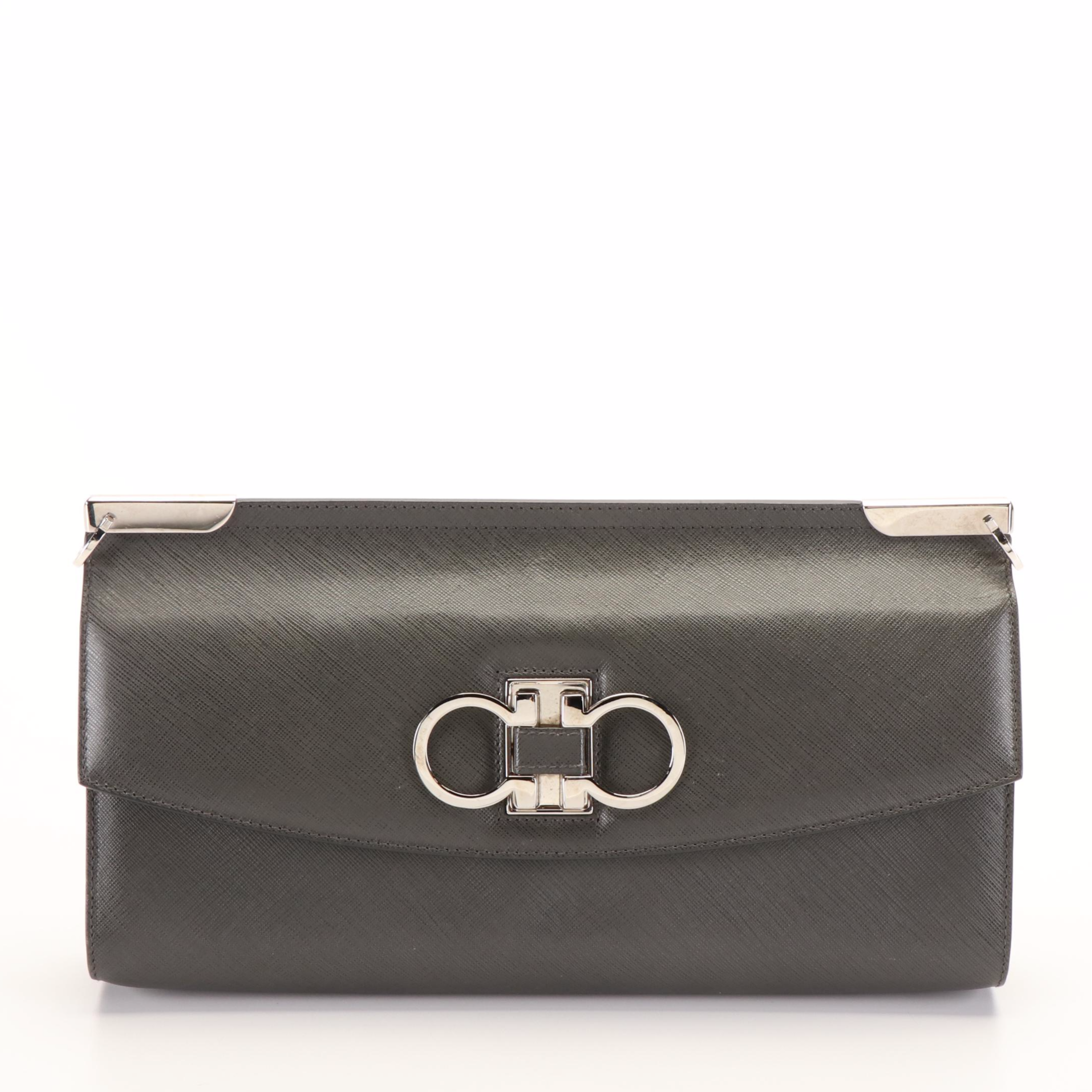 Salvatore Ferragamo Double Gancini Convertible Shoulder Bag in Grey Leather