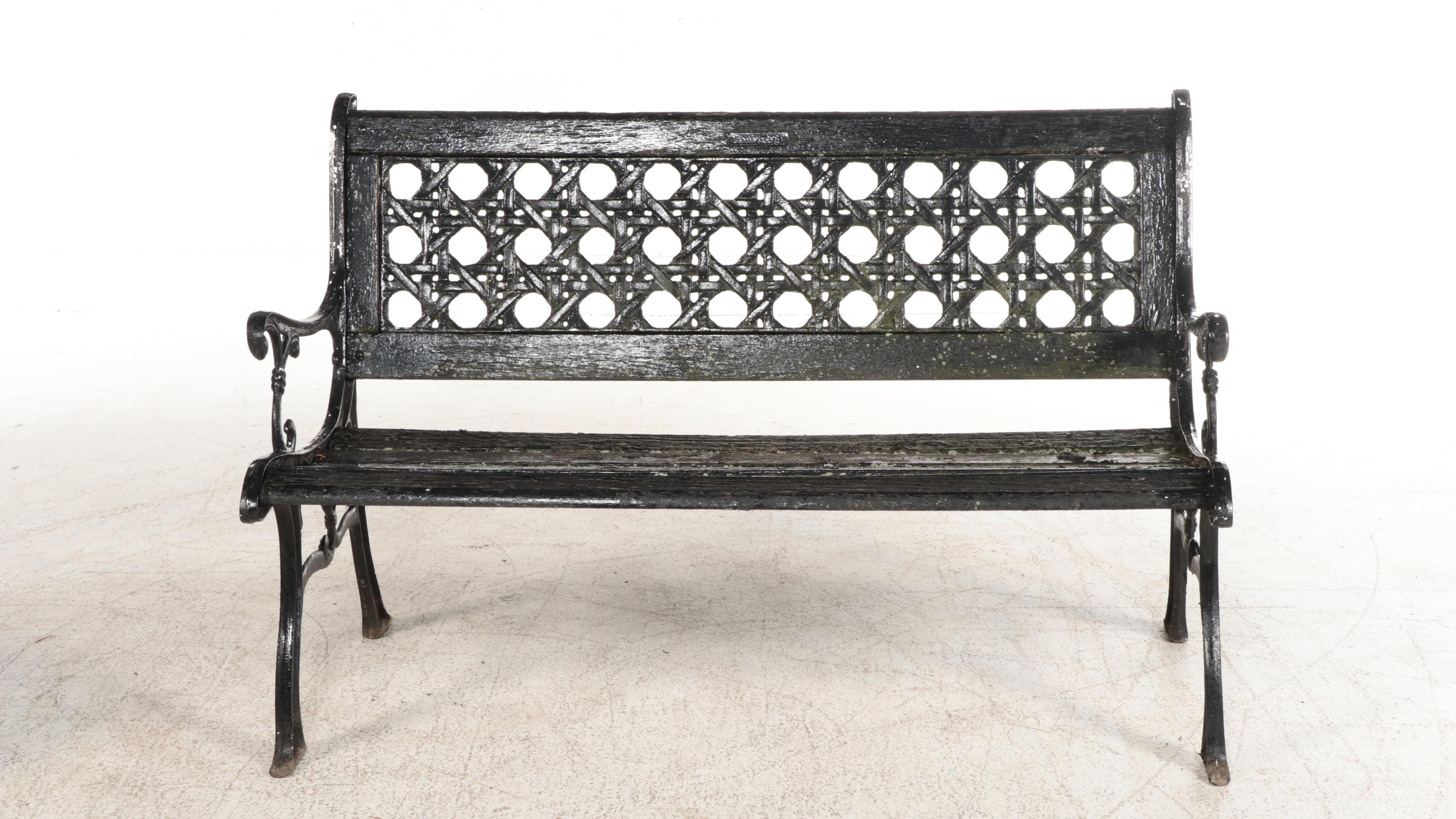 Black Enamel Painted Cast Iron and Wooden Patio Bench with Side Table