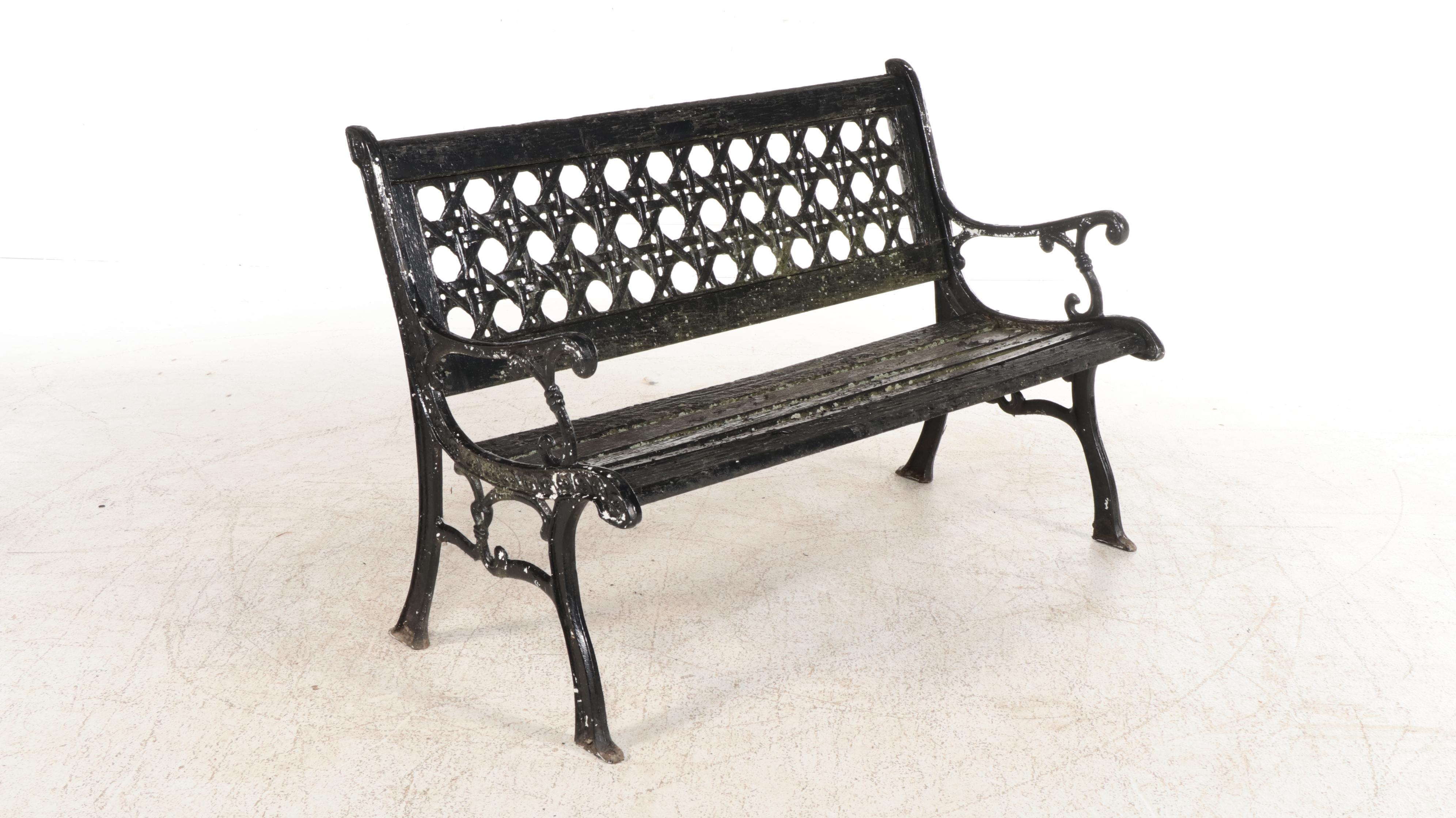 Black Enamel Painted Cast Iron and Wooden Patio Bench with Side Table