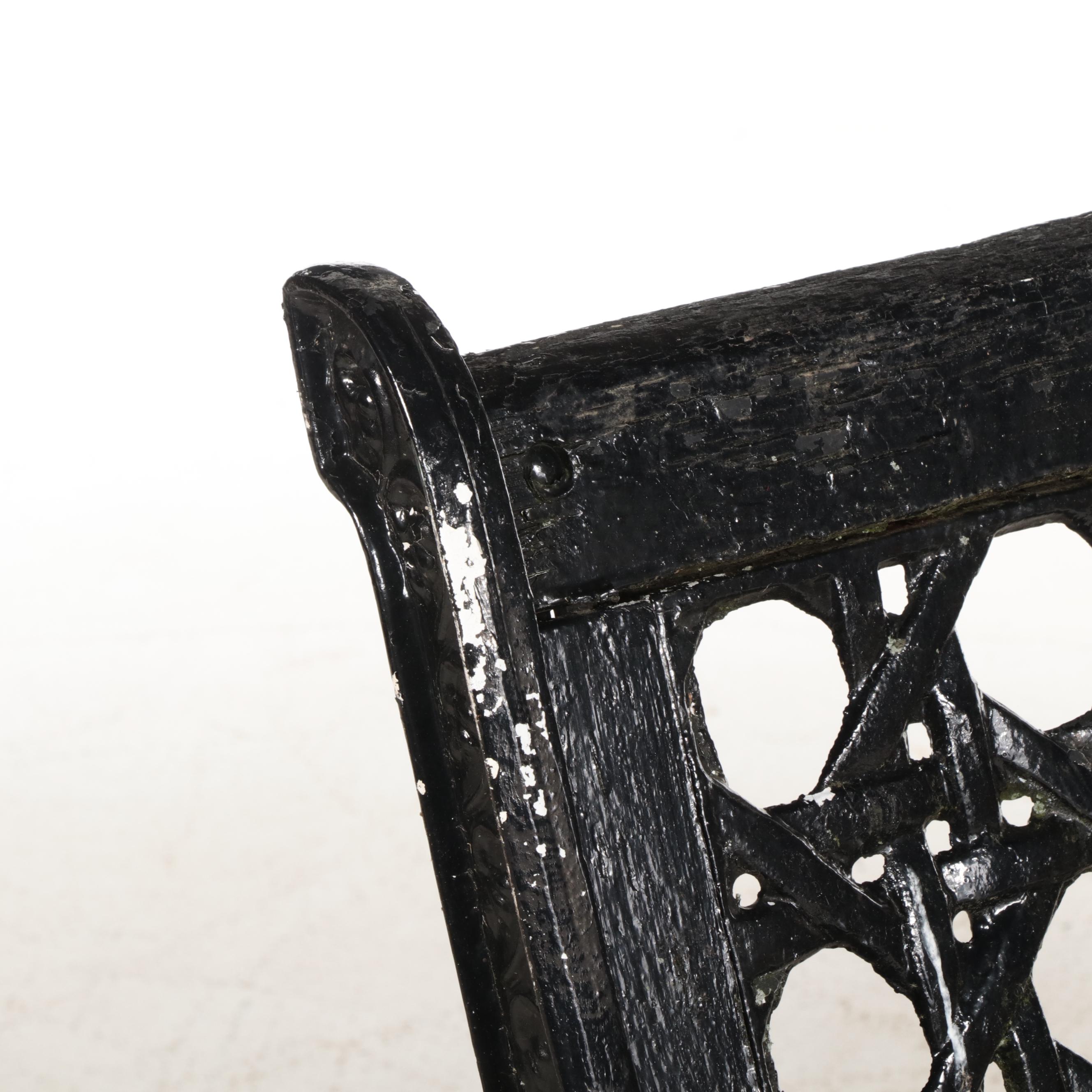 Black Enamel Painted Cast Iron and Wooden Patio Bench with Side Table