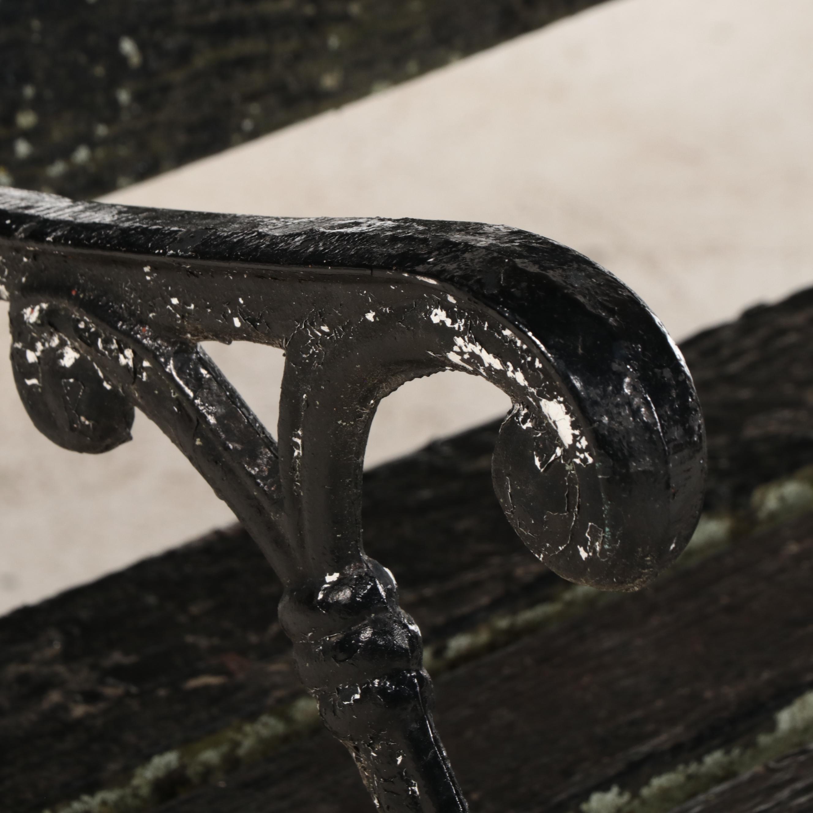 Black Enamel Painted Cast Iron and Wooden Patio Bench with Side Table
