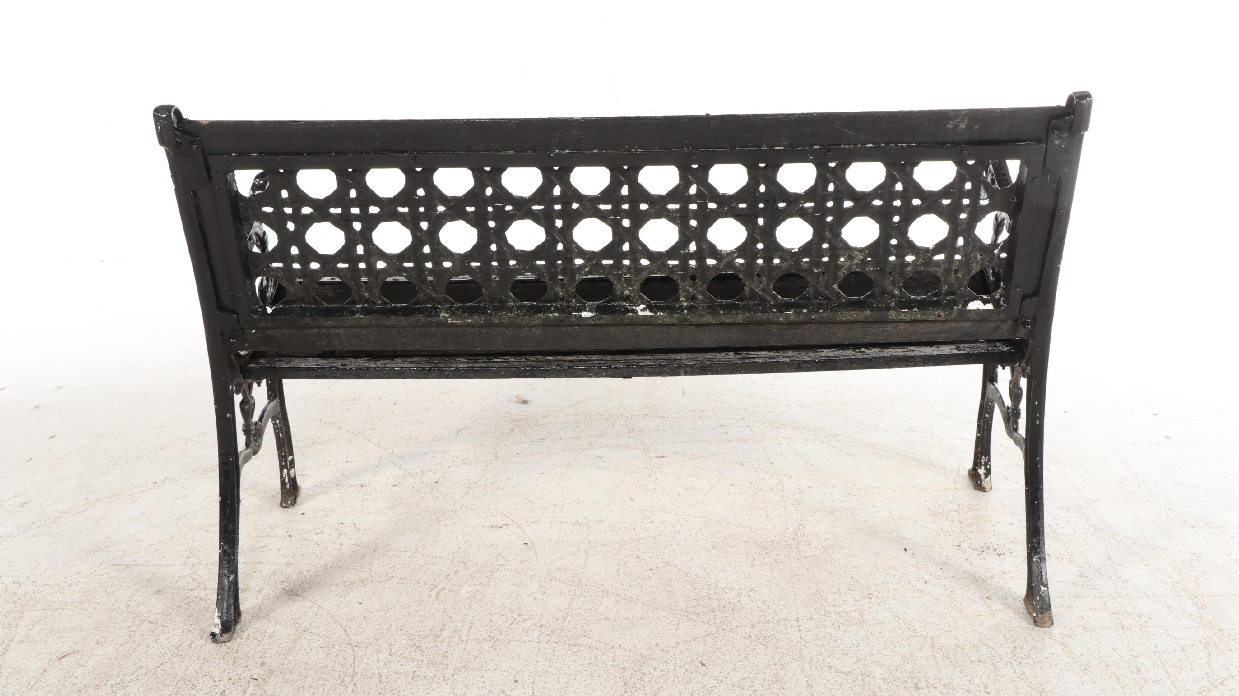 Black Enamel Painted Cast Iron and Wooden Patio Bench with Side Table