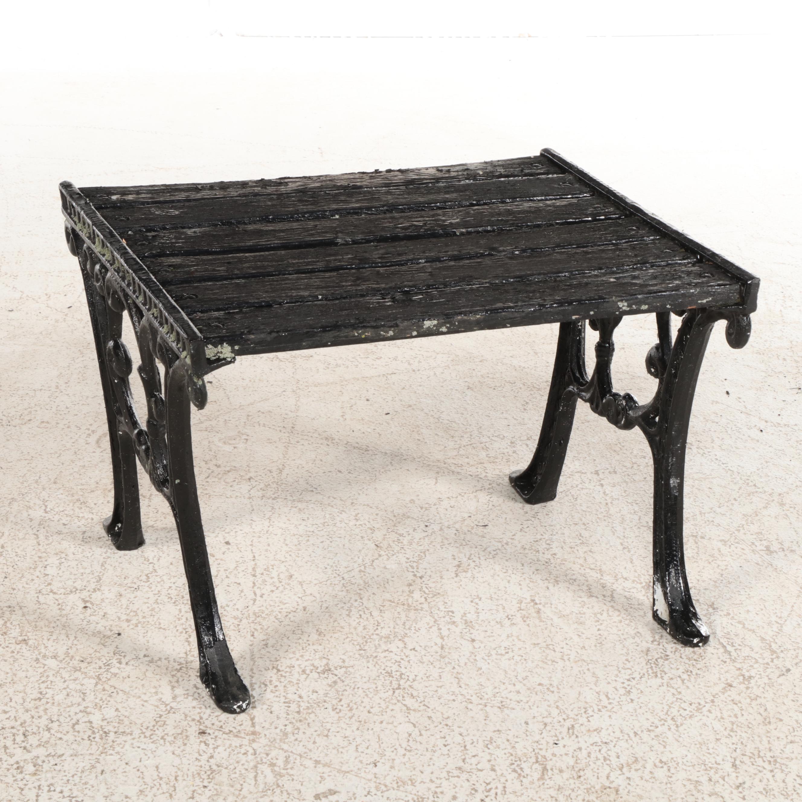 Black Enamel Painted Cast Iron and Wooden Patio Bench with Side Table
