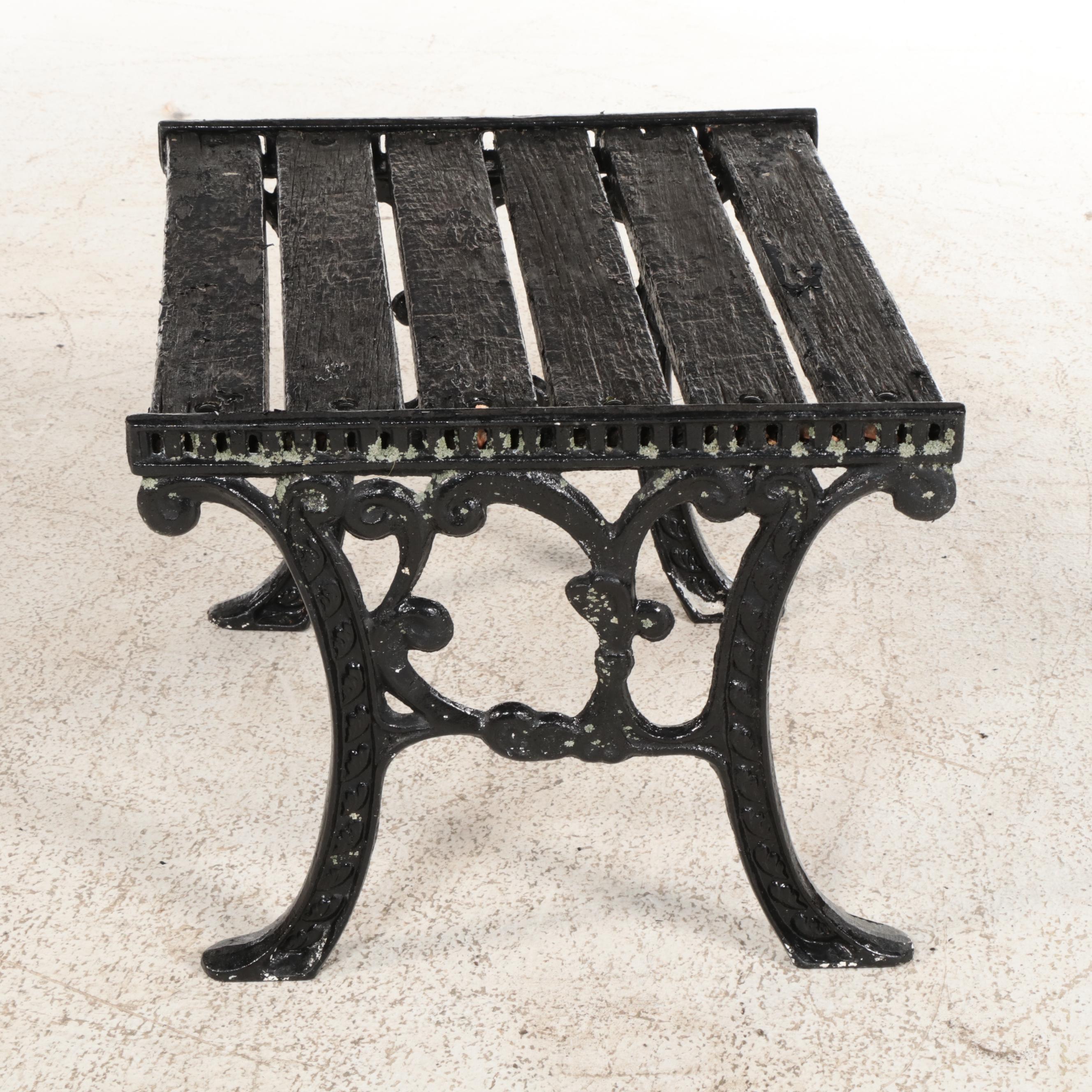 Black Enamel Painted Cast Iron and Wooden Patio Bench with Side Table