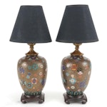Chinese Cloisonné Floral Table Lamp Pair with Black Shades, Mid-20th Century