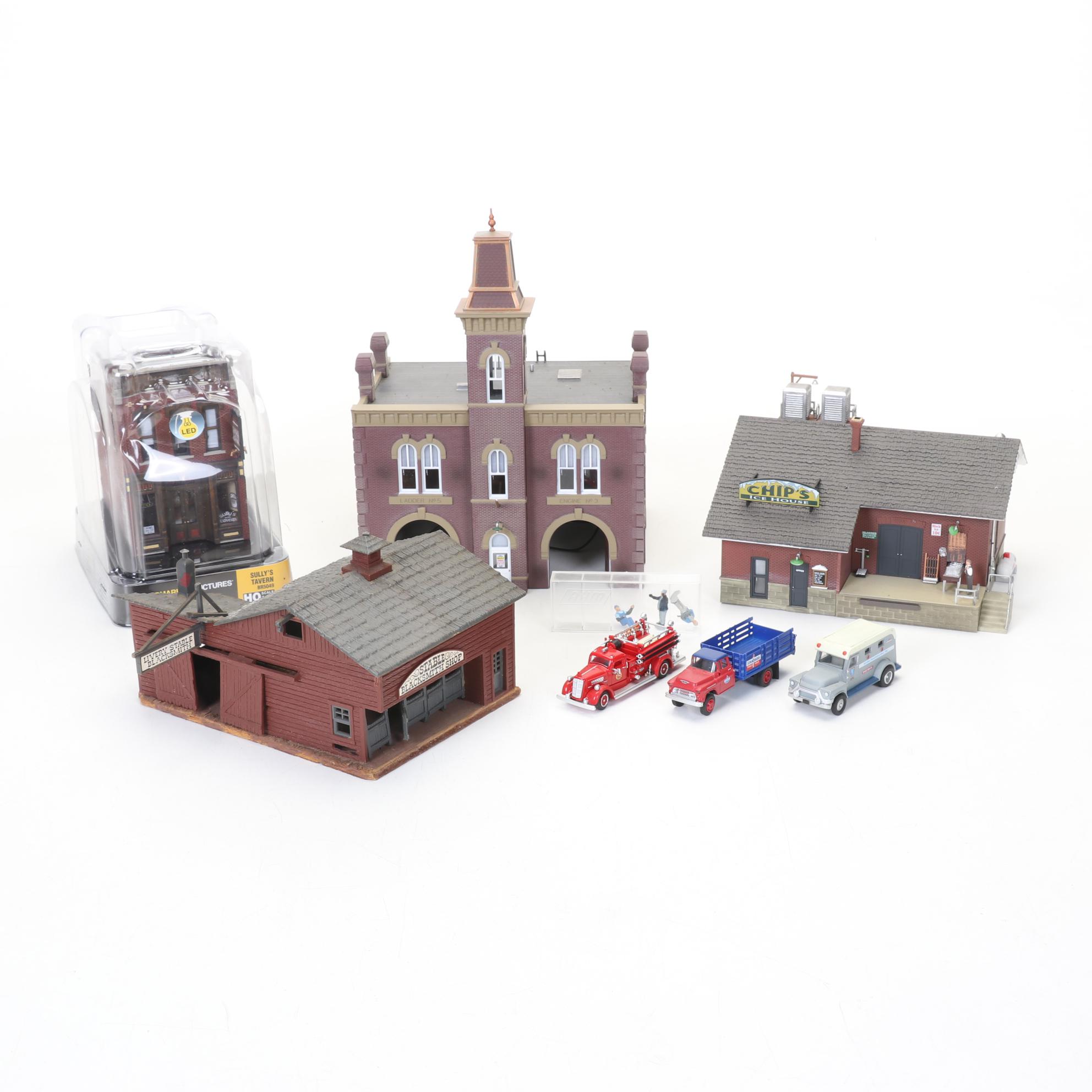 Three Woodland Scenics HO Scale Plastic Buildings with Fire Station