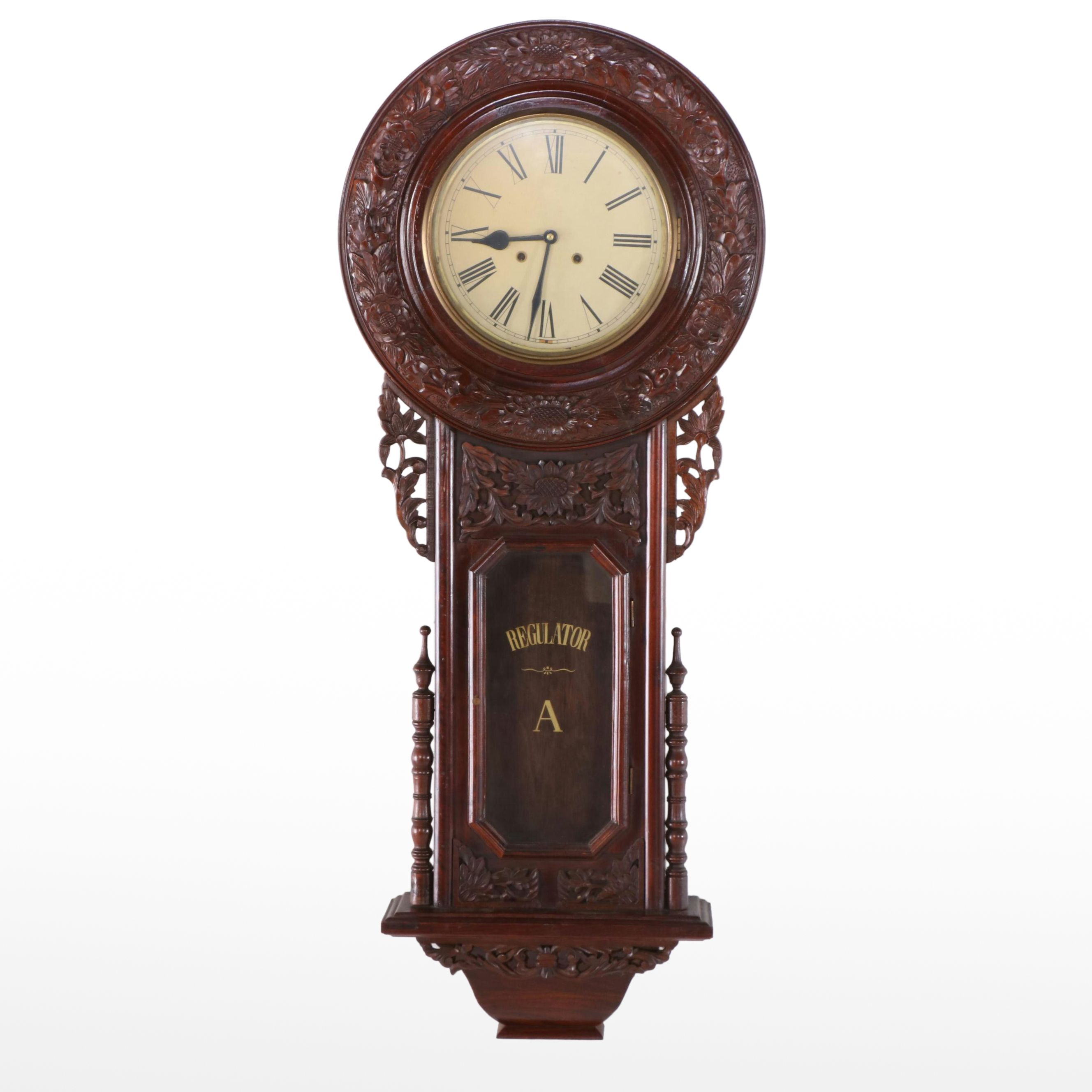 Hand-Carved Wood Wall-Mounted Large Regulator A Clock