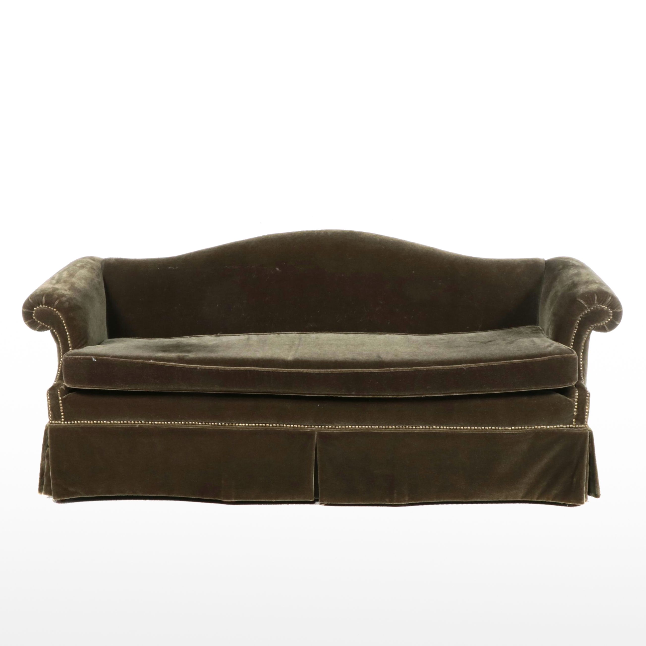 Green Velvet Upholstered Camelback Sofa