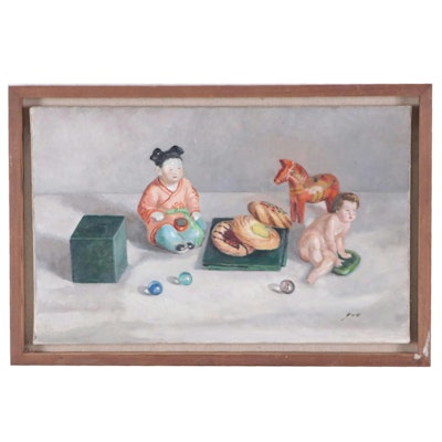 Still Life Oil Painting of Glass Marbles, Figurines, and Cookies