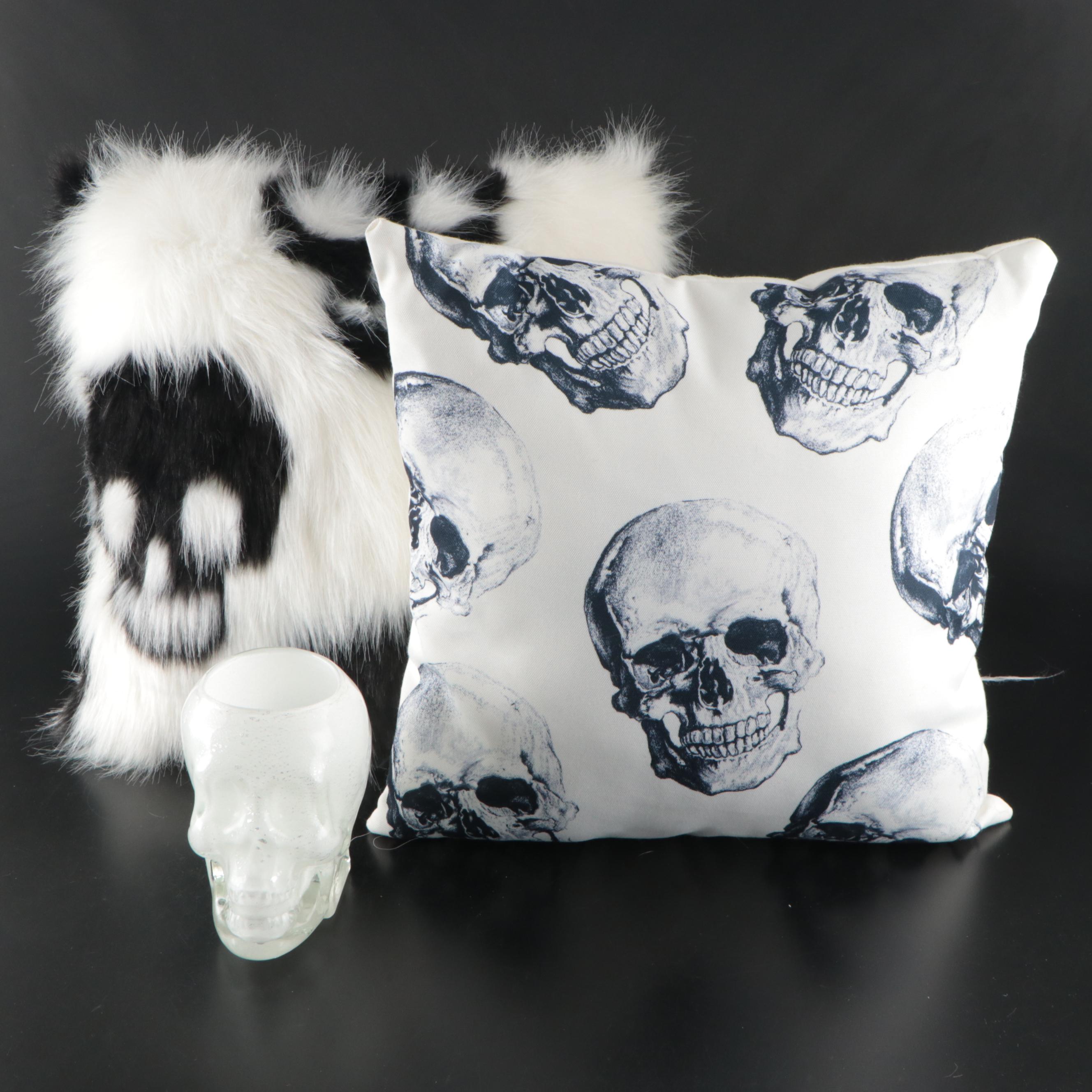 Murano Style Glass Skull Bowl with Skull Motif Accent Pillows