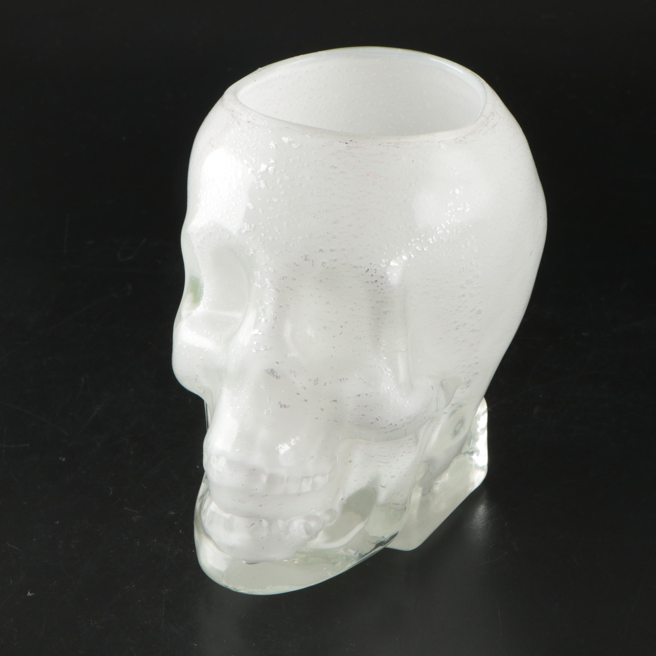 Murano Style Glass Skull Bowl with Skull Motif Accent Pillows