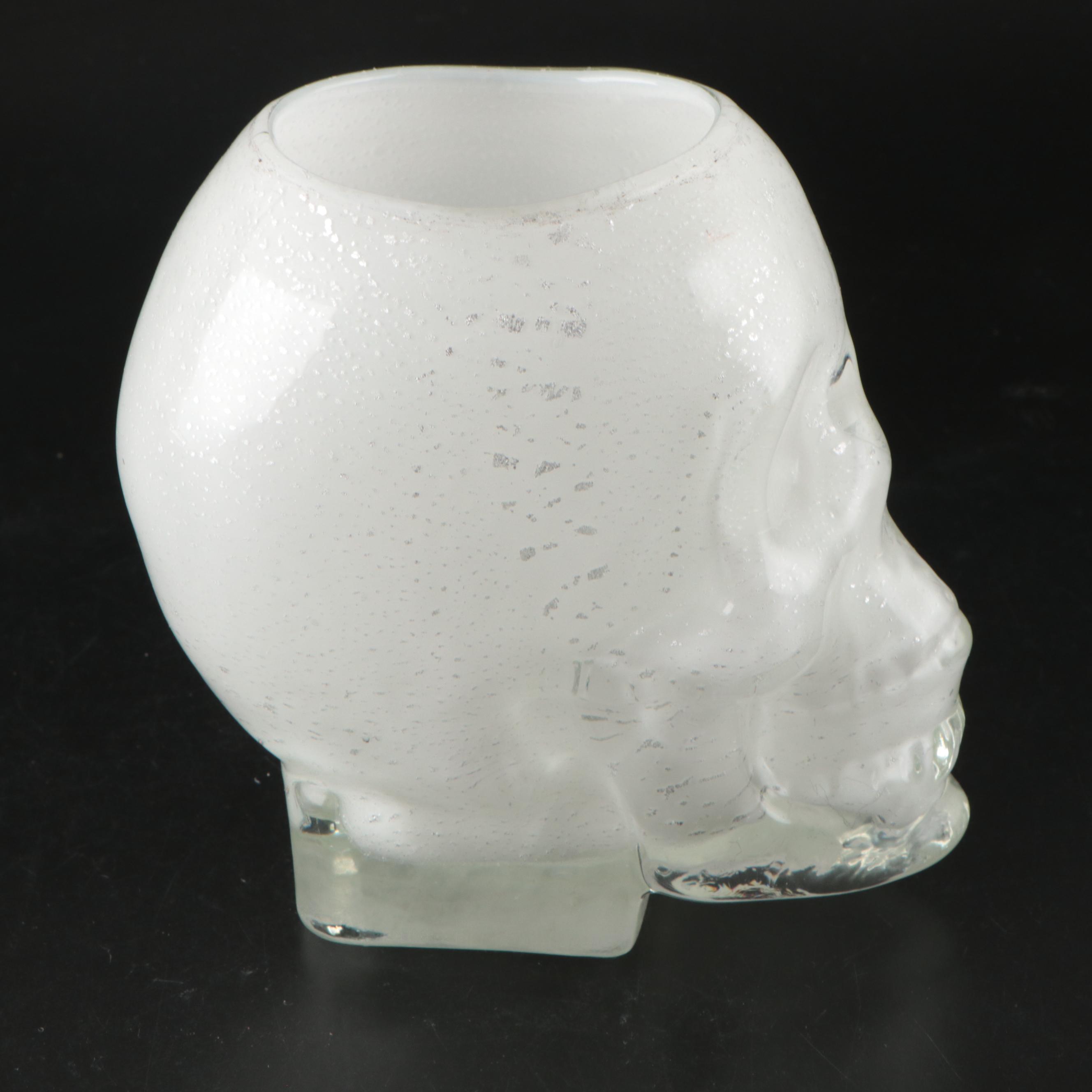 Murano Style Glass Skull Bowl with Skull Motif Accent Pillows