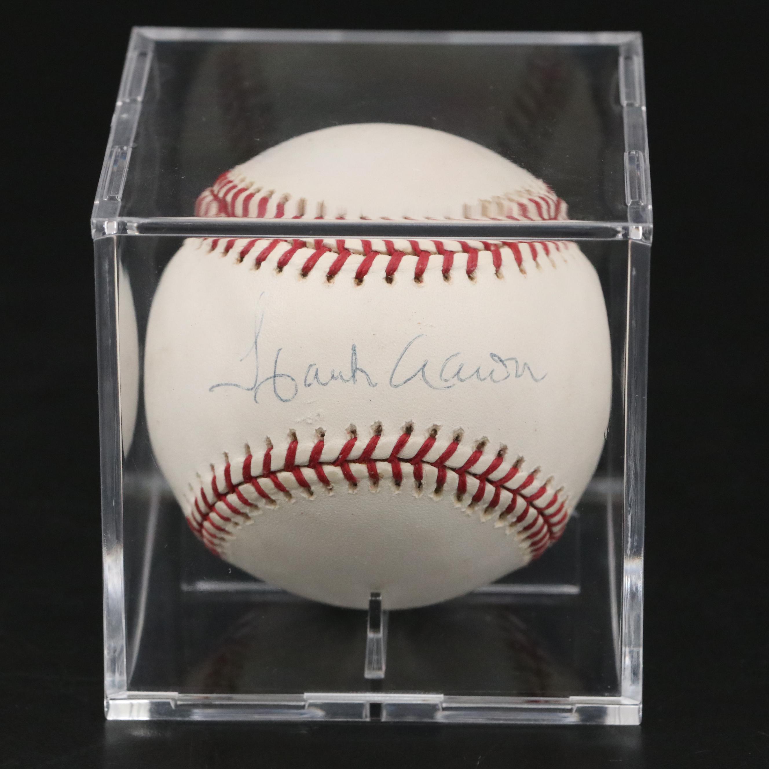 Hank Aaron Signed Rawlings Official Major League Baseball with Display