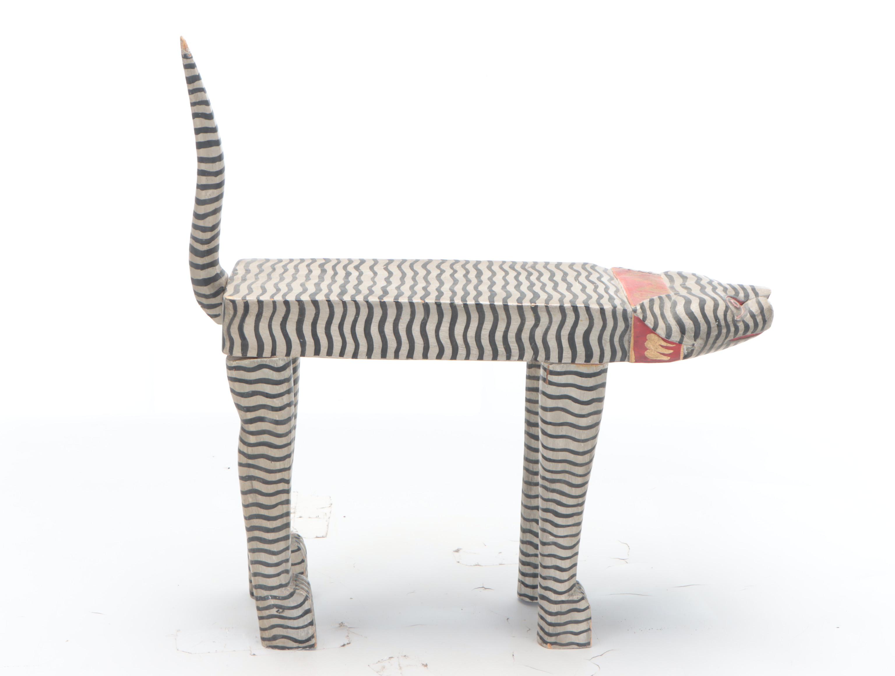 Indonesian Carved and Painted Cat Bench