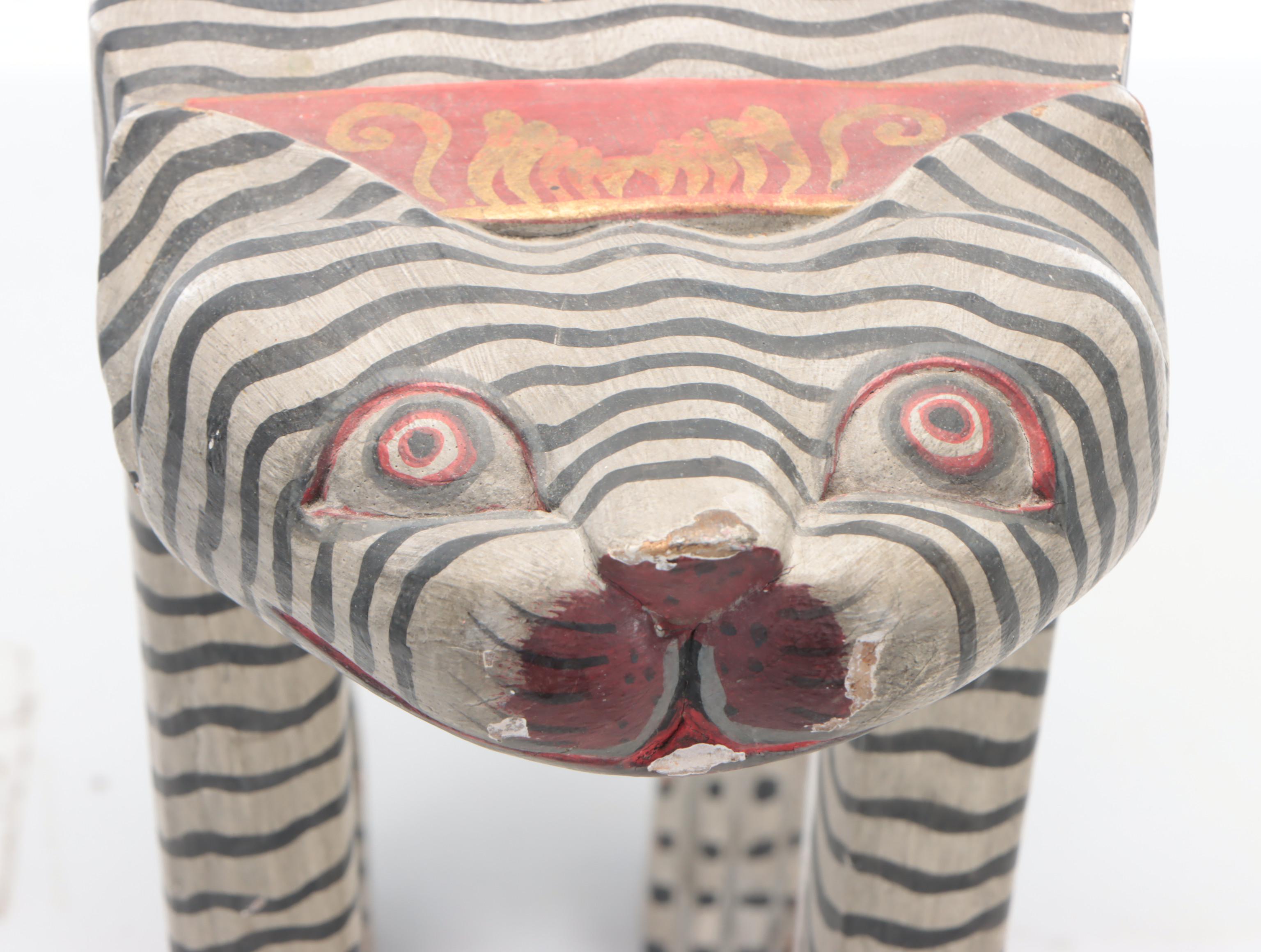 Indonesian Carved and Painted Cat Bench