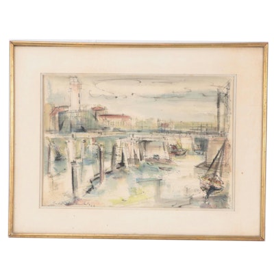 Sacha Chimkevitch Nautical Scene Ink and Watercolor Painting, 1957