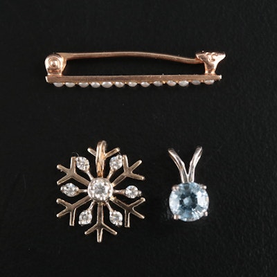 Krementz 14K Pearl Bar Pin with Aquamarine and Diamond Pendants