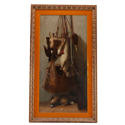 Oil Still Life Painting of Game with Hunting Instruments, Circa 1900