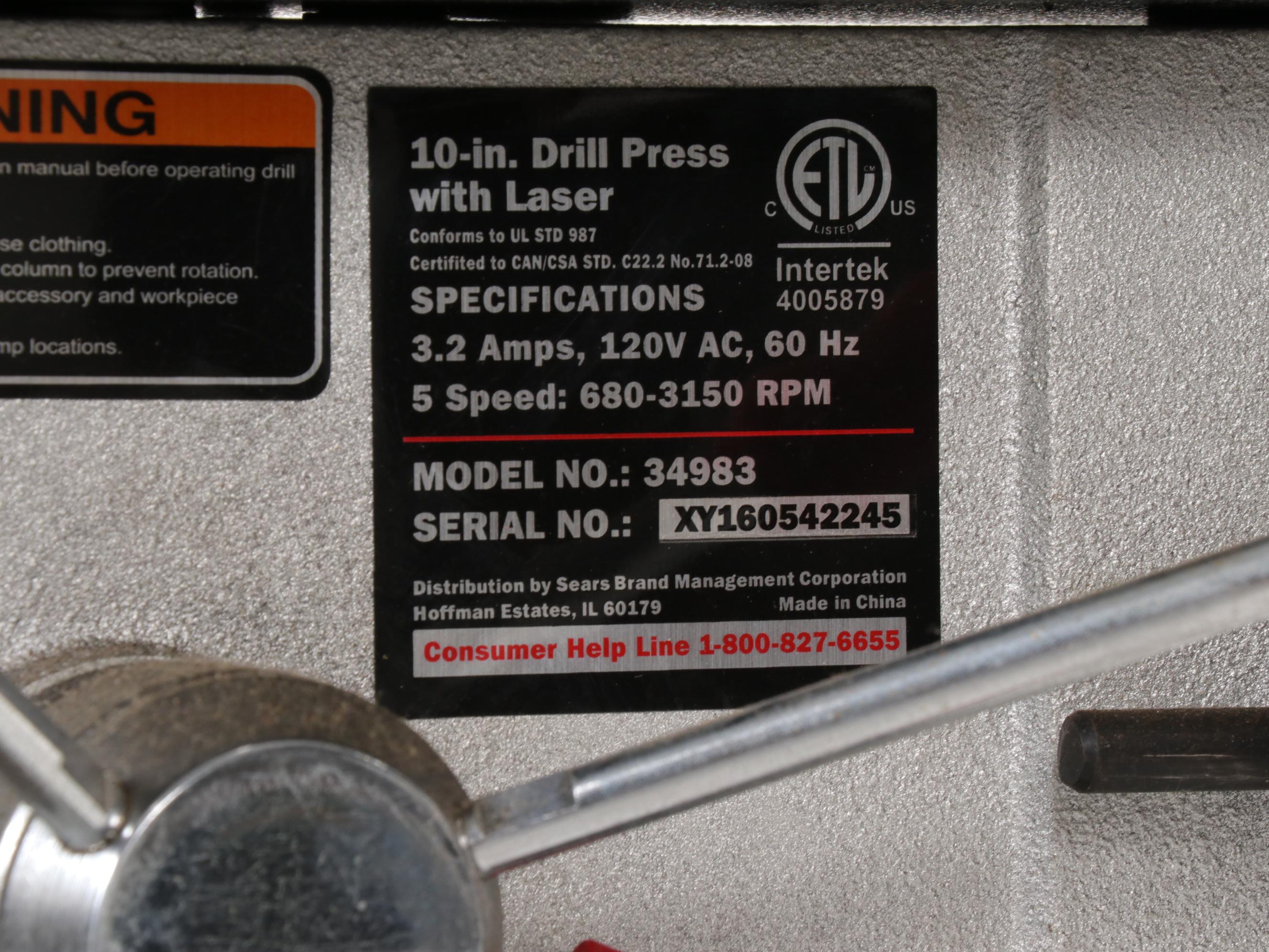 Craftsman 1/2 HP Bench Top Drill Press EBTH