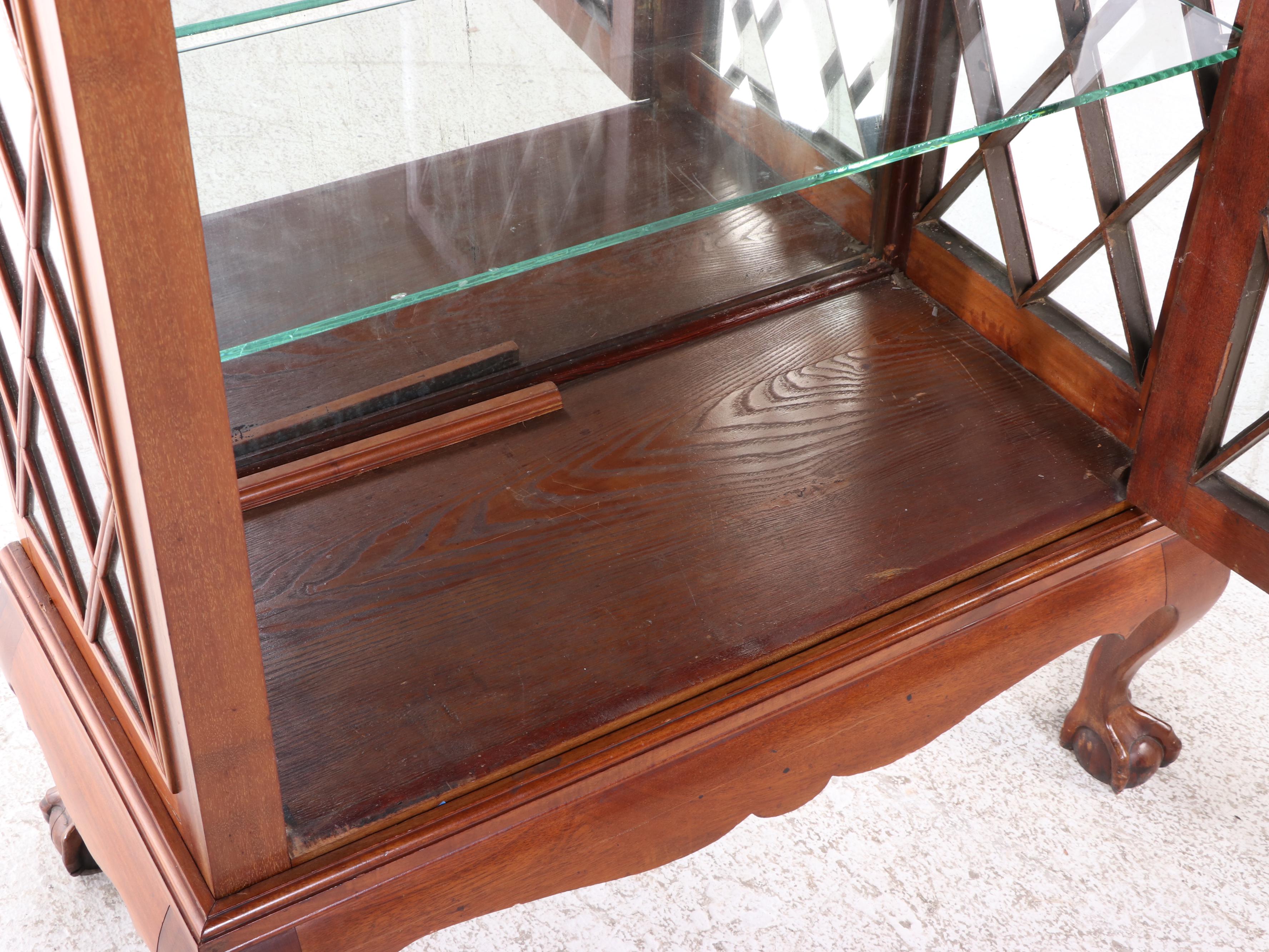 Chippendale Revival Oak and Lattice-Front Display Cabinet, Early to Mid 20th C