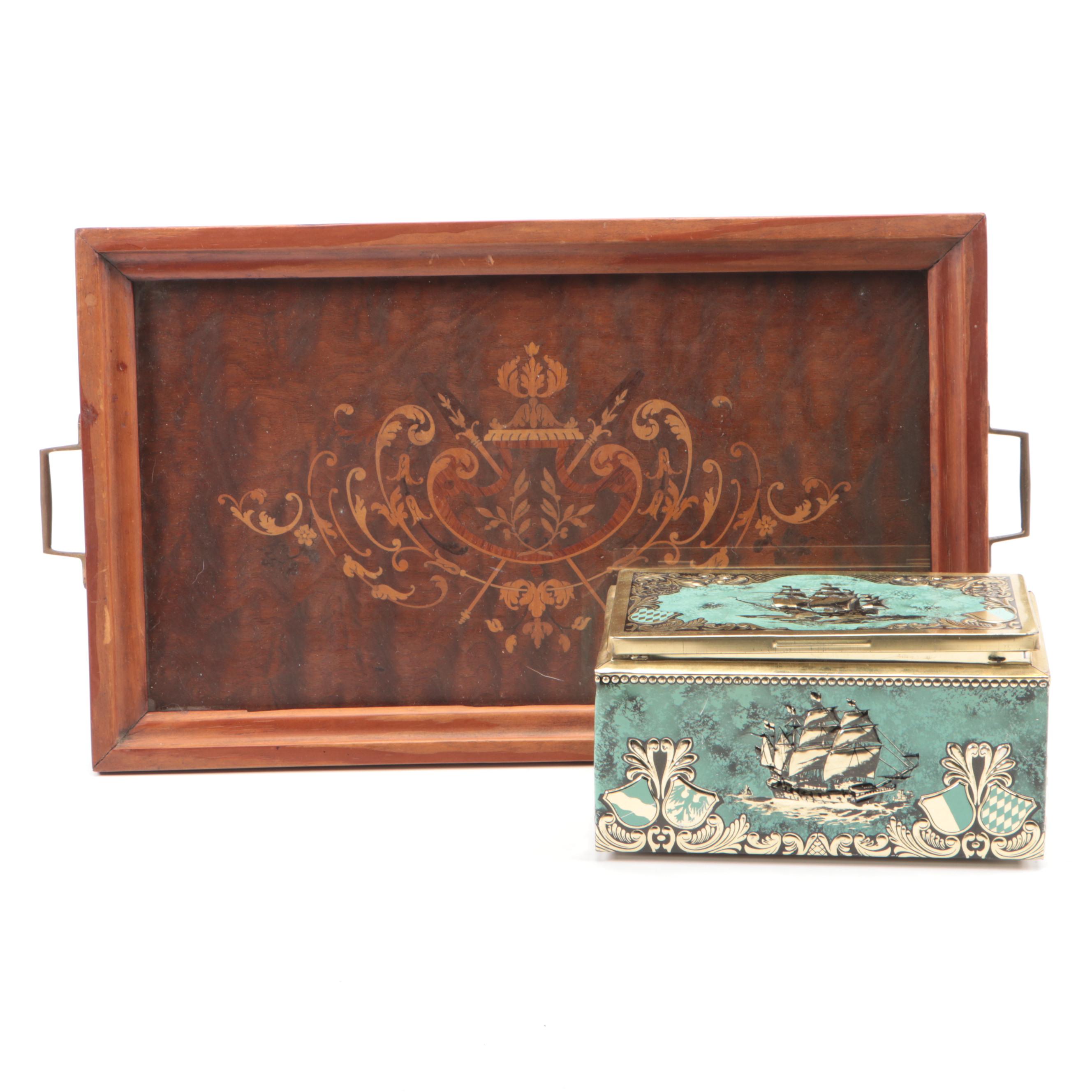 Wood Inlay Marquetry Handled Tray with Wood Lined Embossed Metal Cigar Box