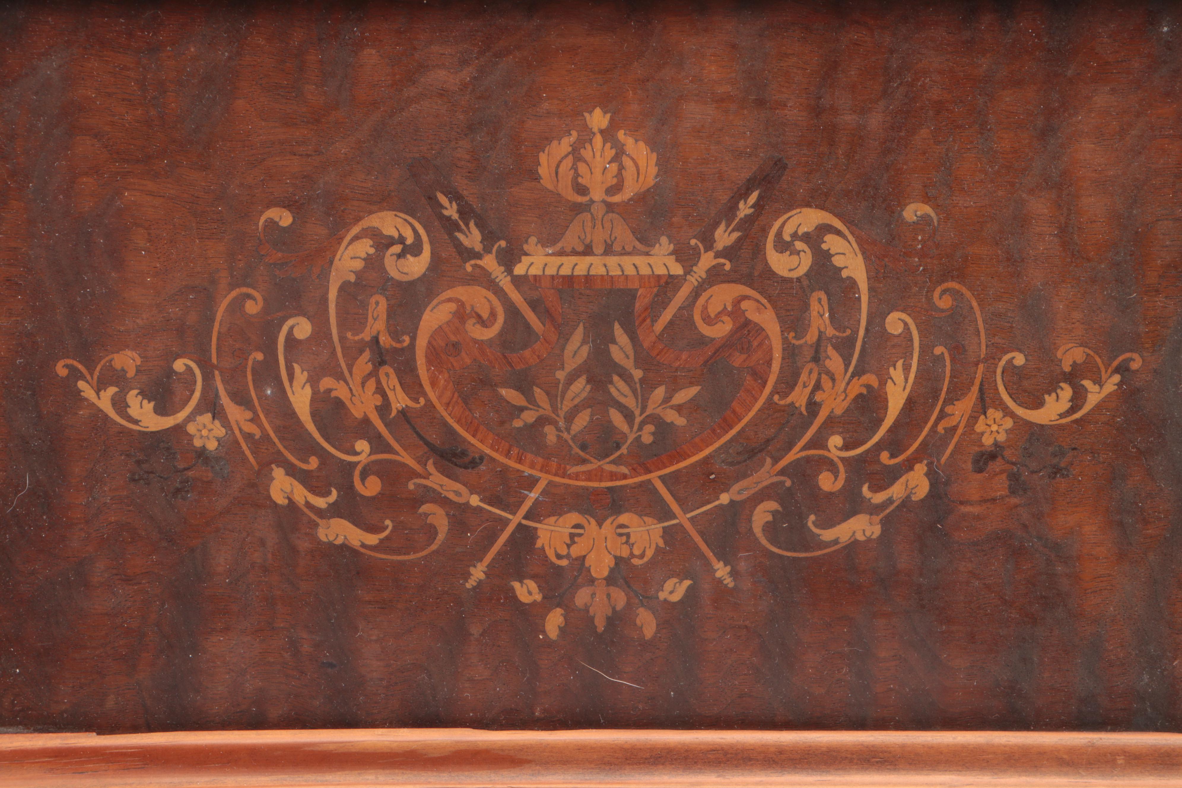 Wood Inlay Marquetry Handled Tray with Wood Lined Embossed Metal Cigar Box