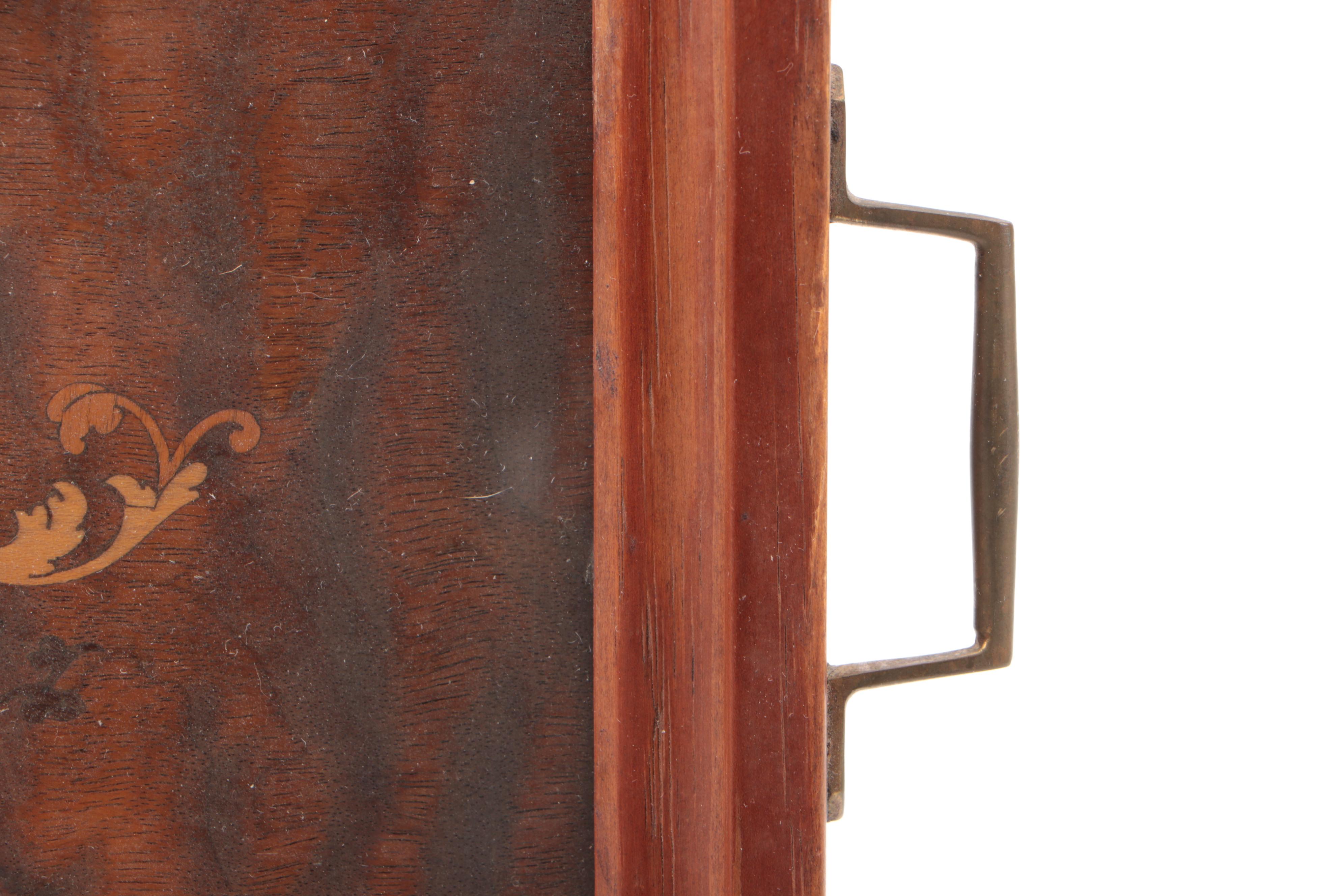 Wood Inlay Marquetry Handled Tray with Wood Lined Embossed Metal Cigar Box