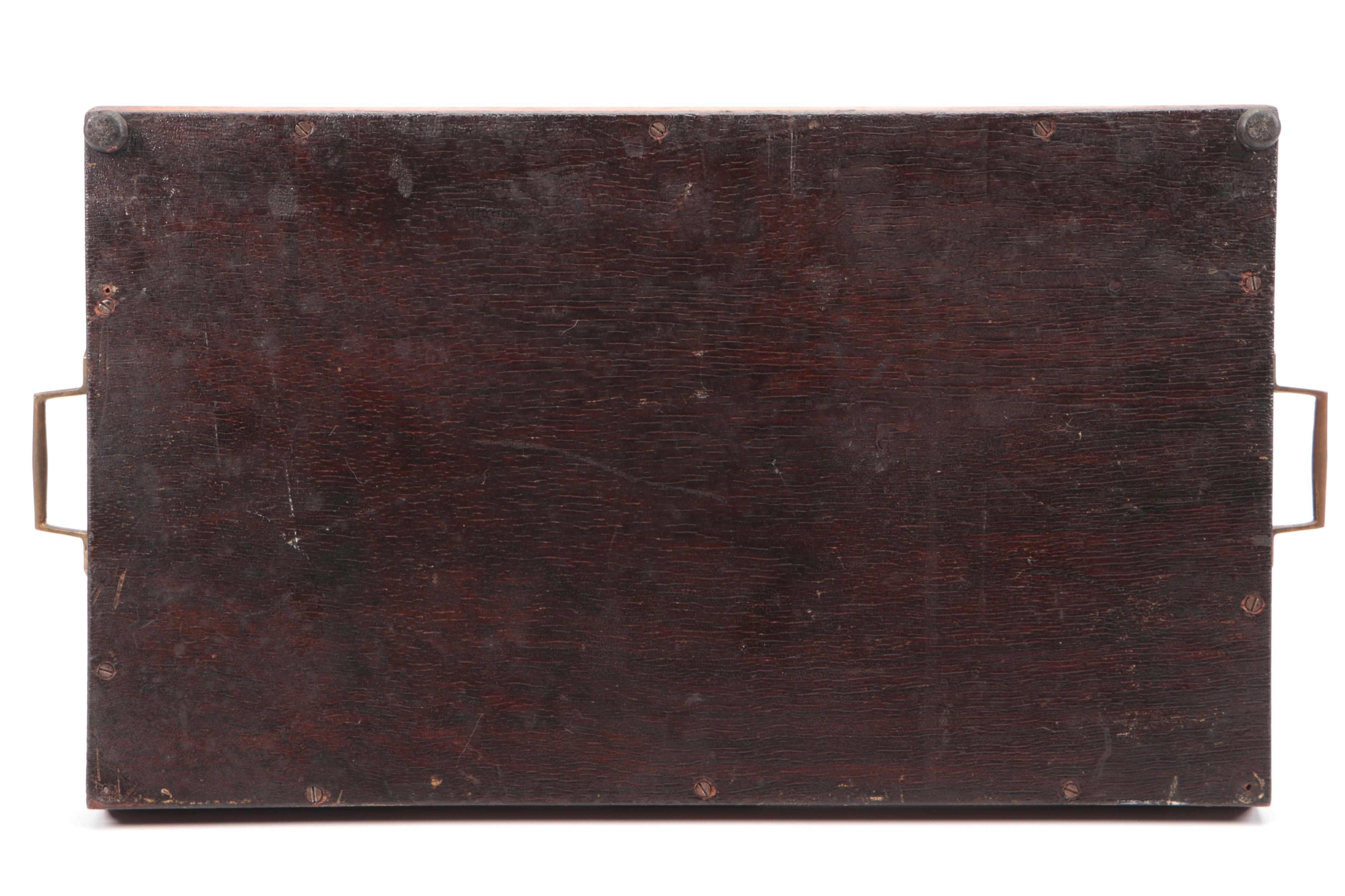 Wood Inlay Marquetry Handled Tray with Wood Lined Embossed Metal Cigar Box