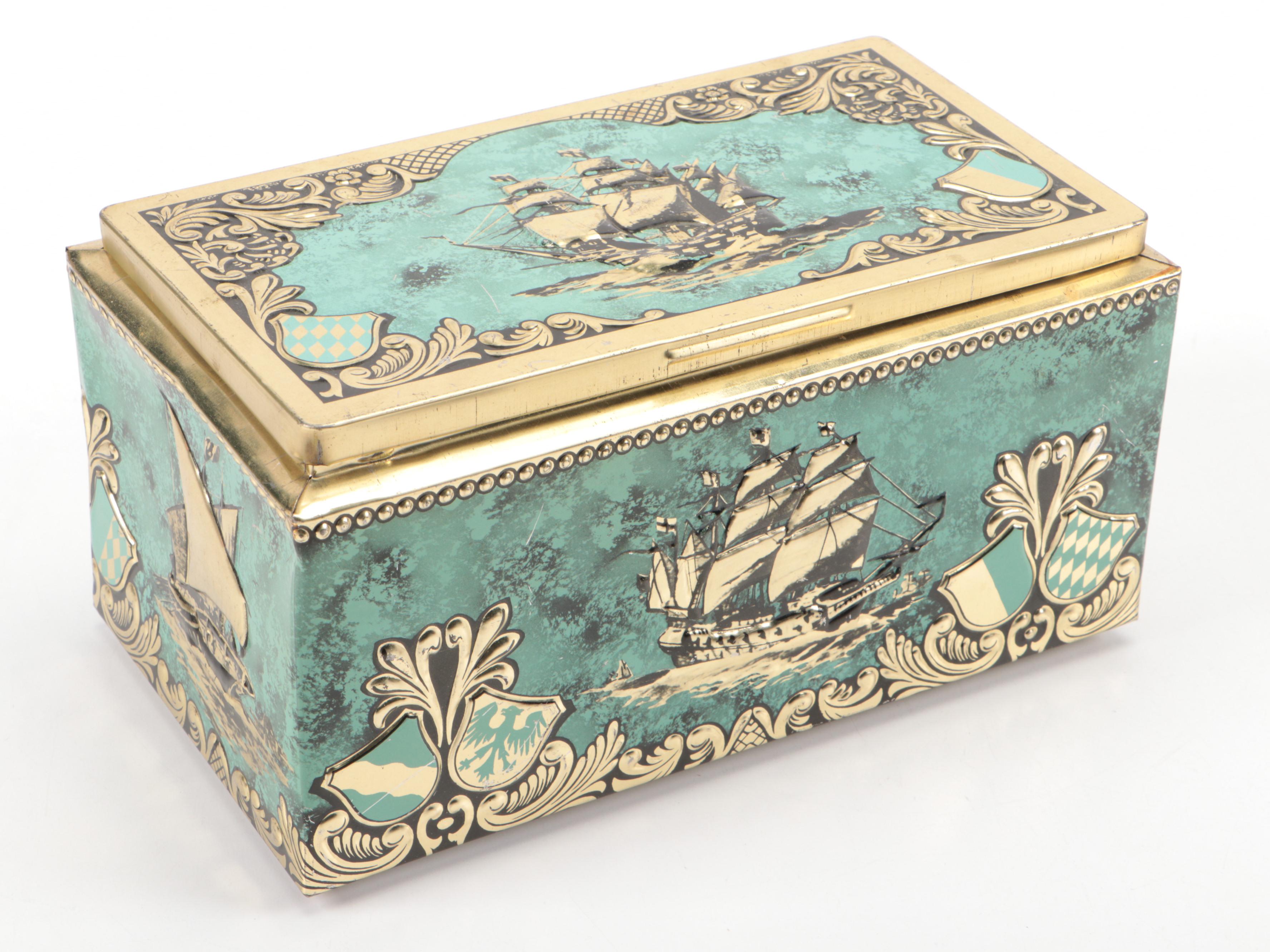 Wood Inlay Marquetry Handled Tray with Wood Lined Embossed Metal Cigar Box