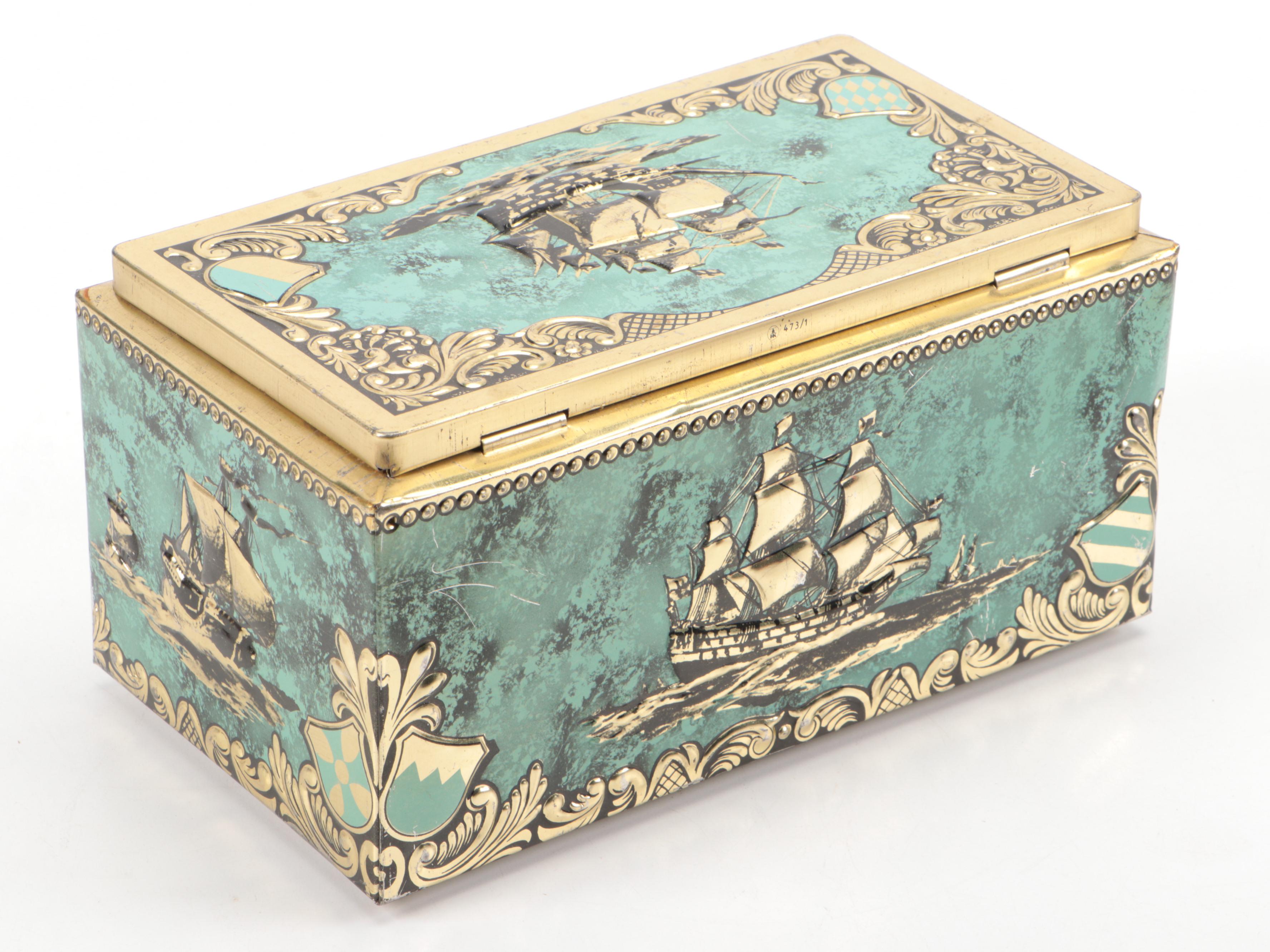 Wood Inlay Marquetry Handled Tray with Wood Lined Embossed Metal Cigar Box