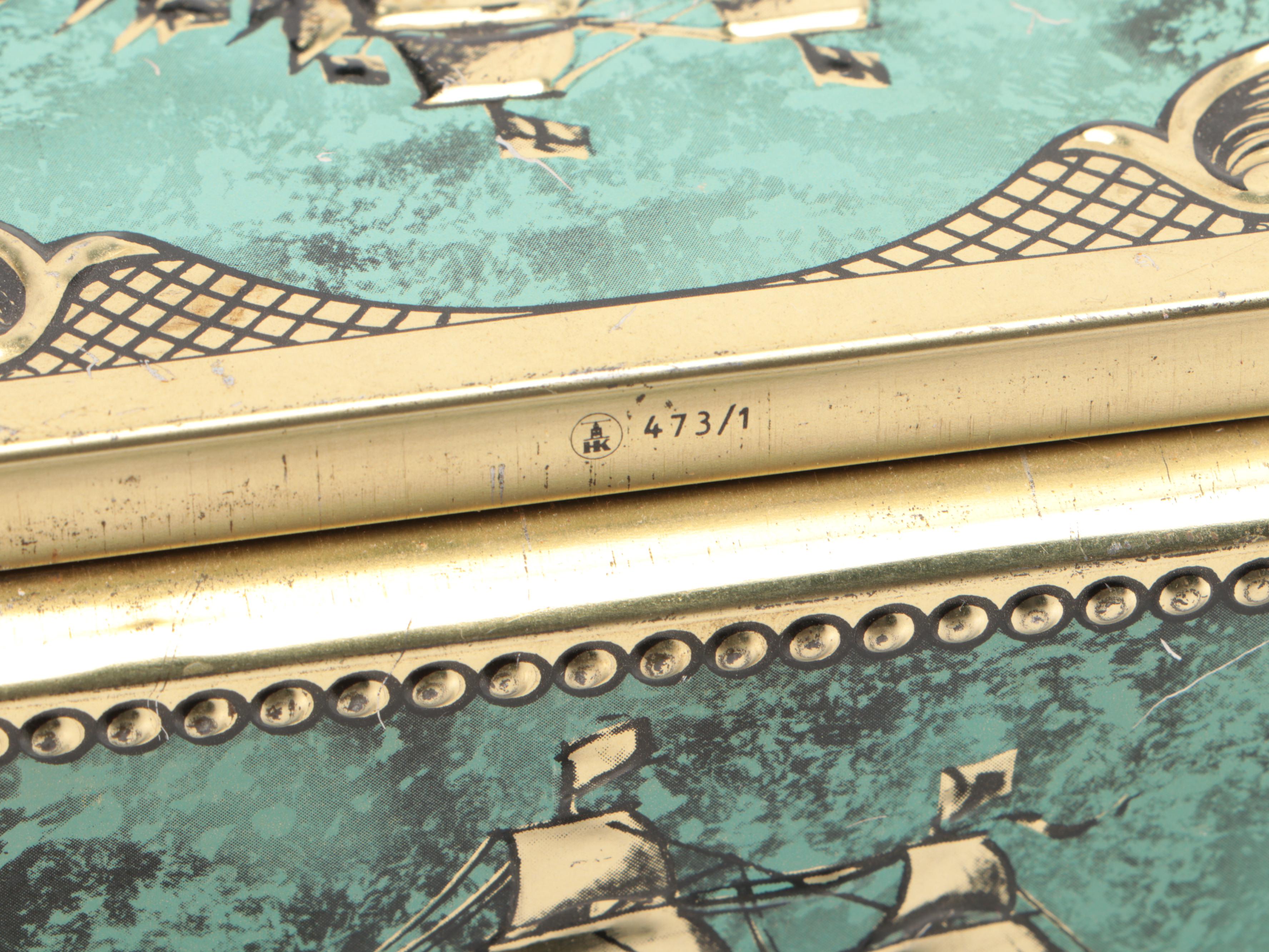 Wood Inlay Marquetry Handled Tray with Wood Lined Embossed Metal Cigar Box