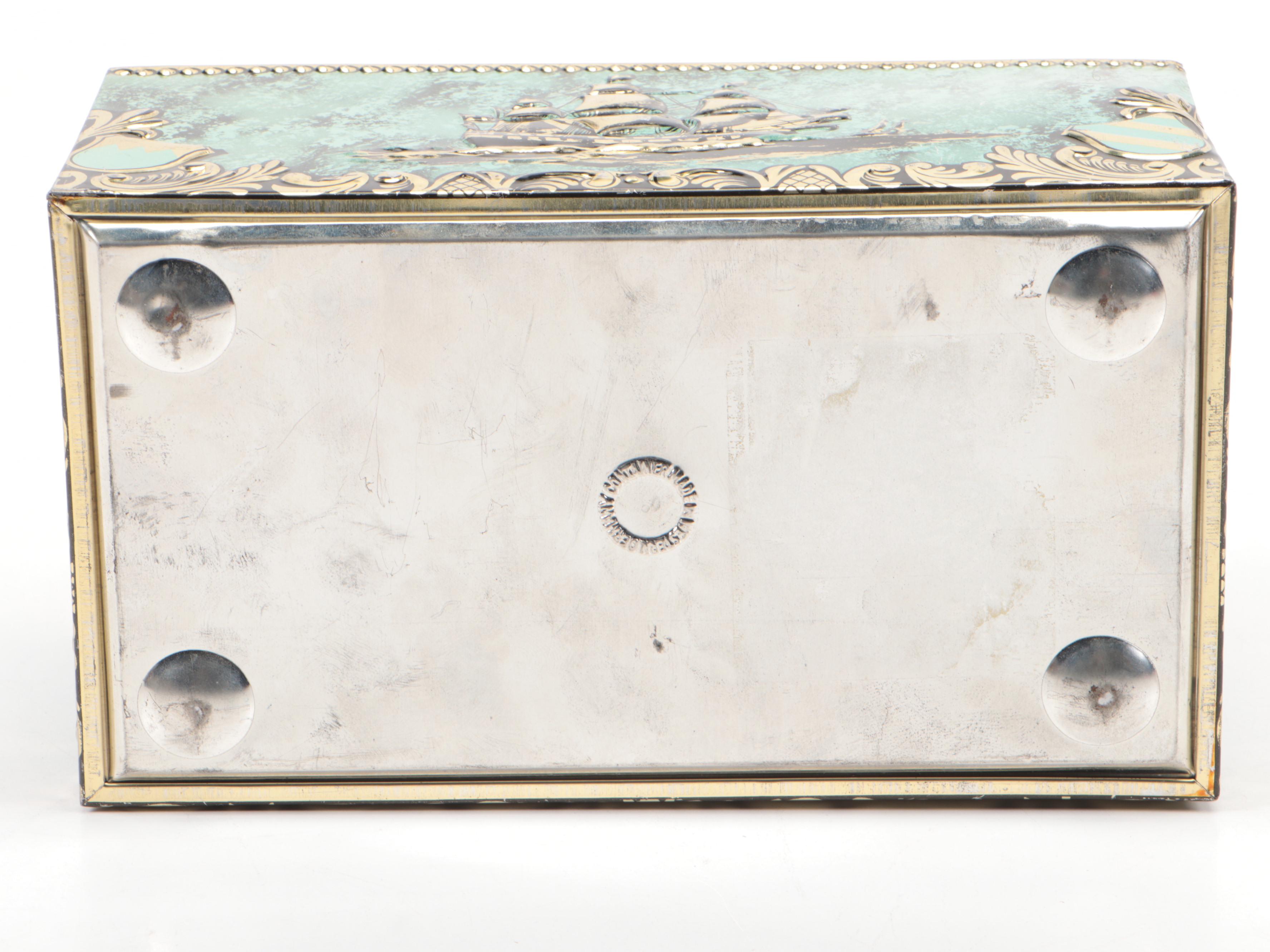 Wood Inlay Marquetry Handled Tray with Wood Lined Embossed Metal Cigar Box