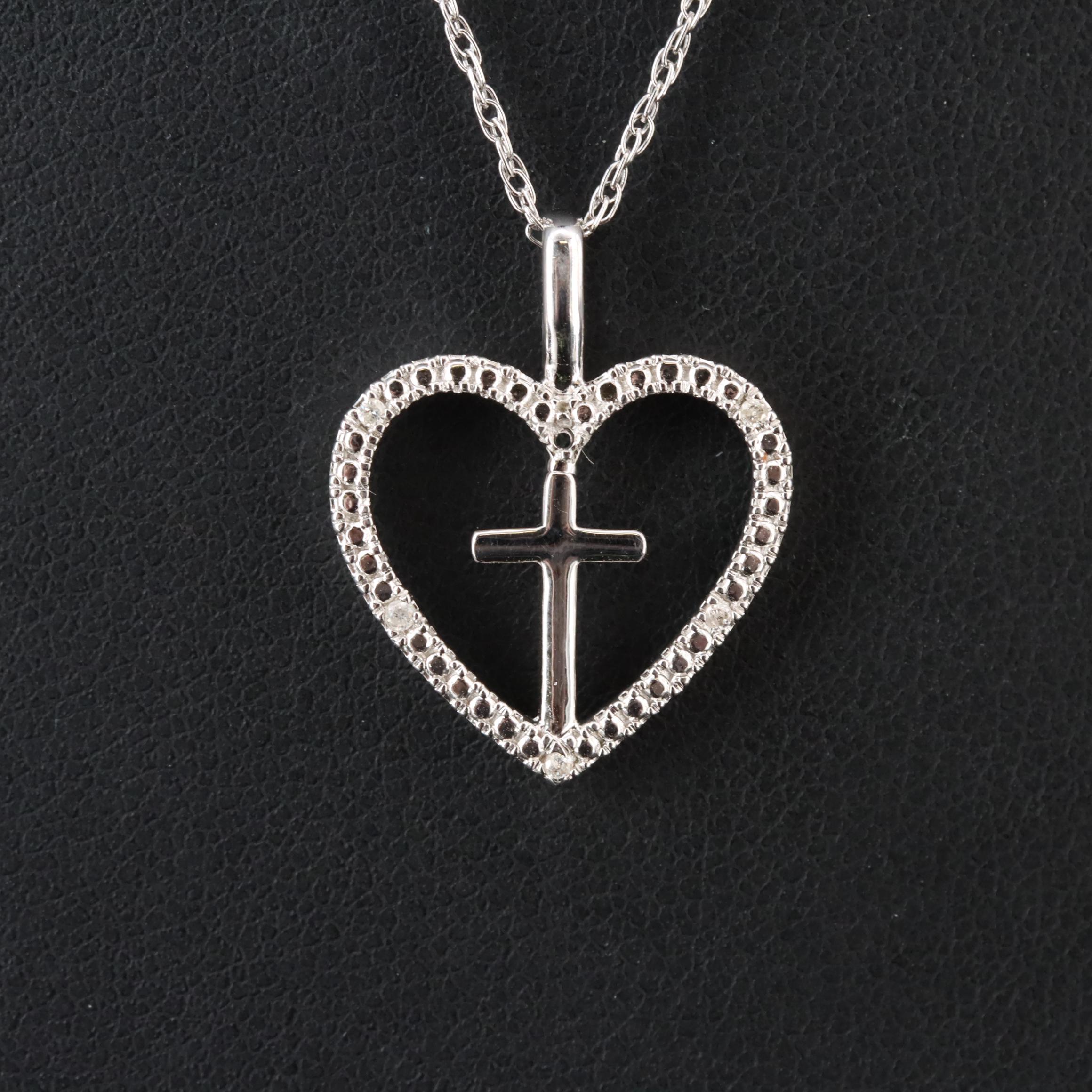 Sterling Diamond Heart Cross Pendant Necklace