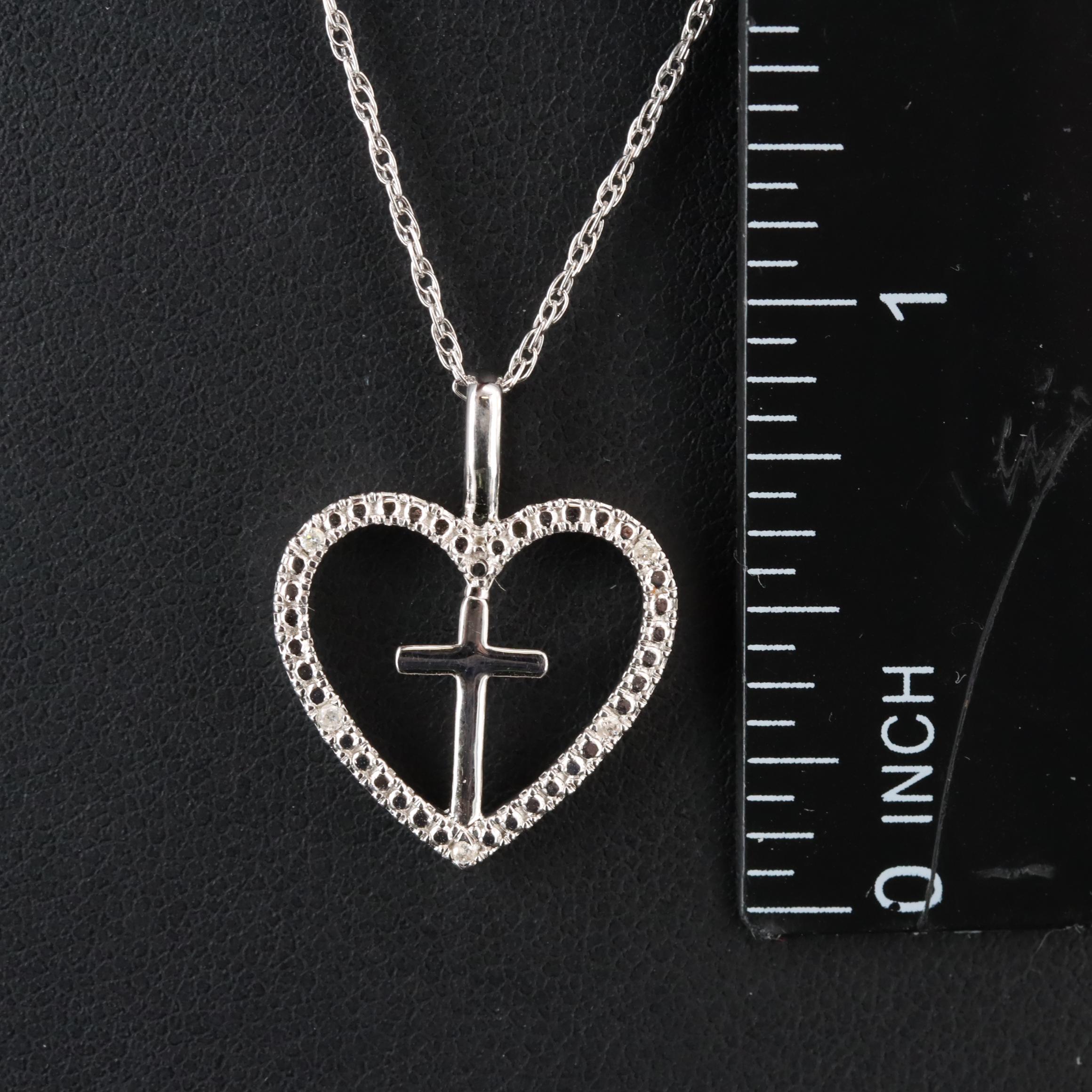 Sterling Diamond Heart Cross Pendant Necklace