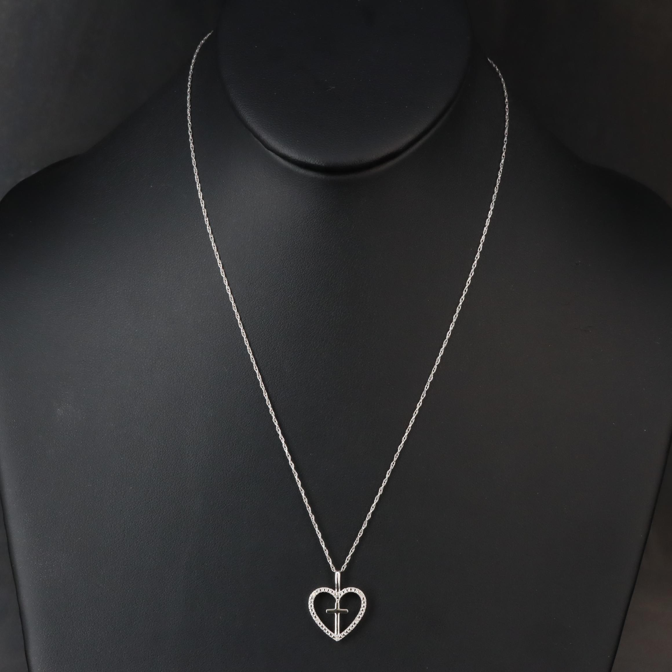 Sterling Diamond Heart Cross Pendant Necklace