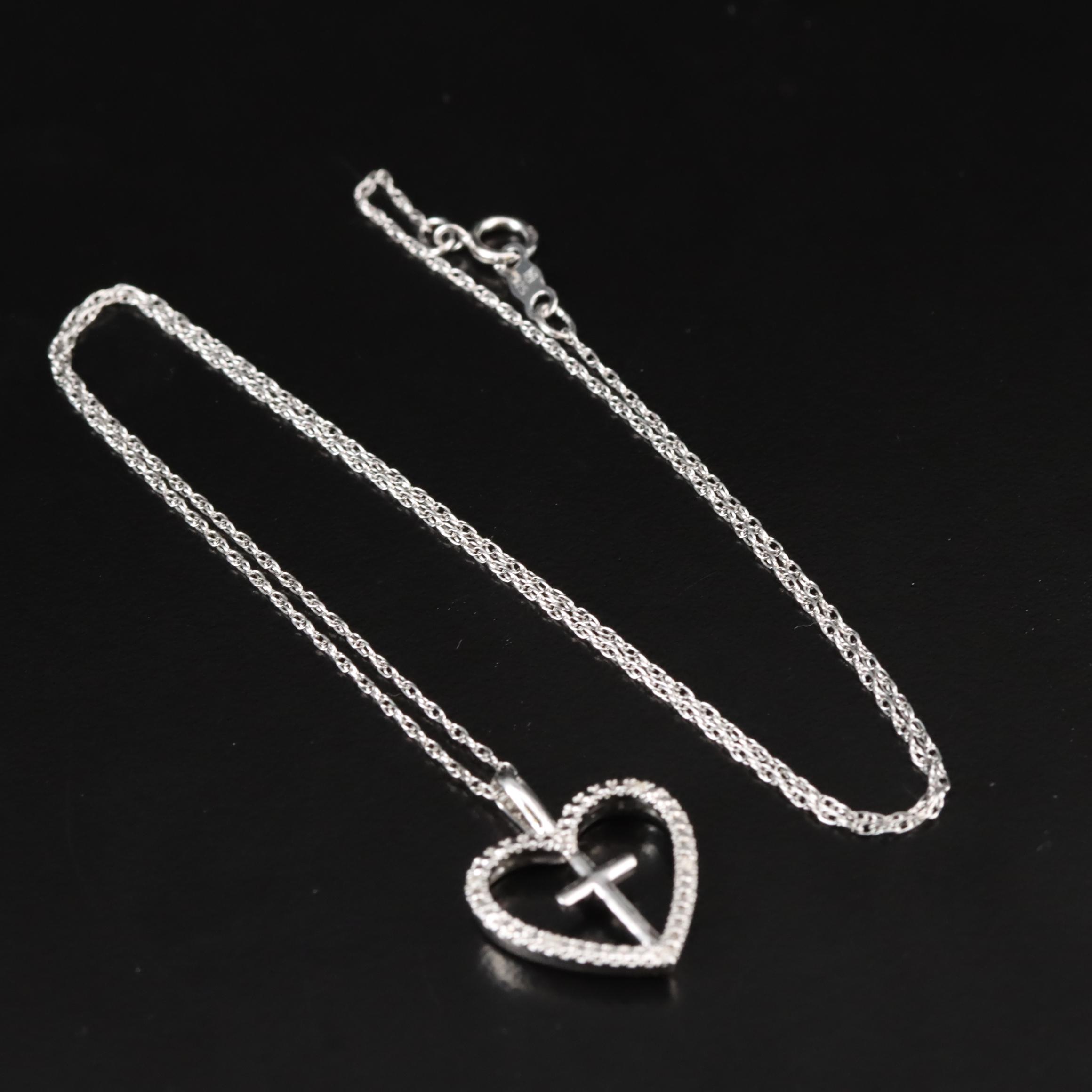Sterling Diamond Heart Cross Pendant Necklace