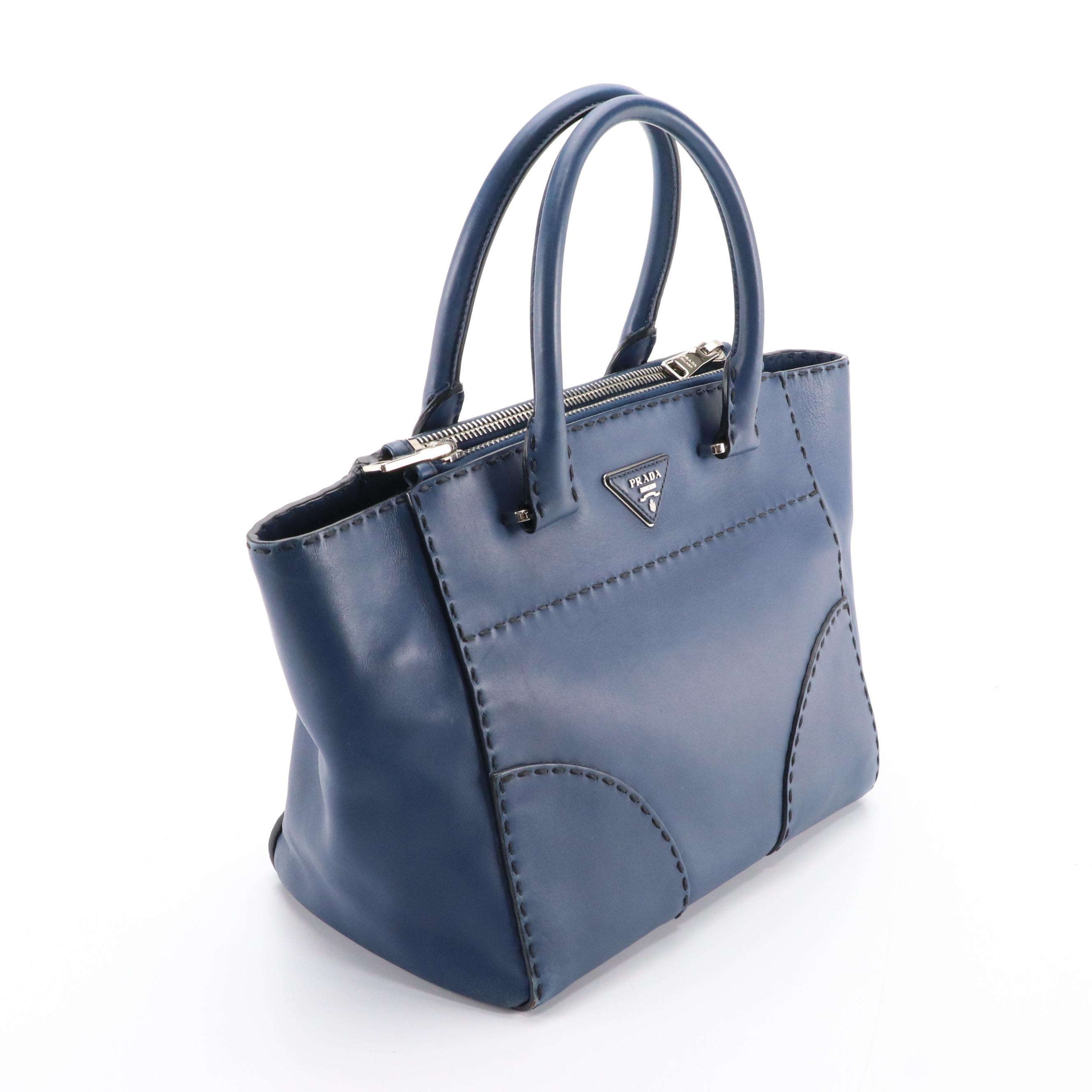 Prada Stitched Twin-Pocket Top-Handle Tote in Deep Blue Leather