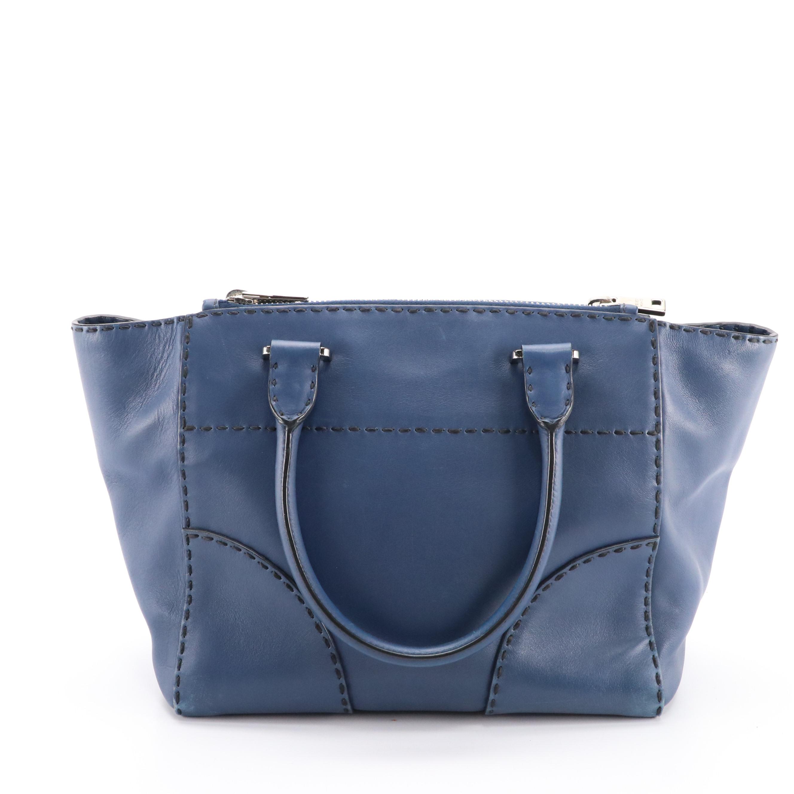 Prada Stitched Twin-Pocket Top-Handle Tote in Deep Blue Leather
