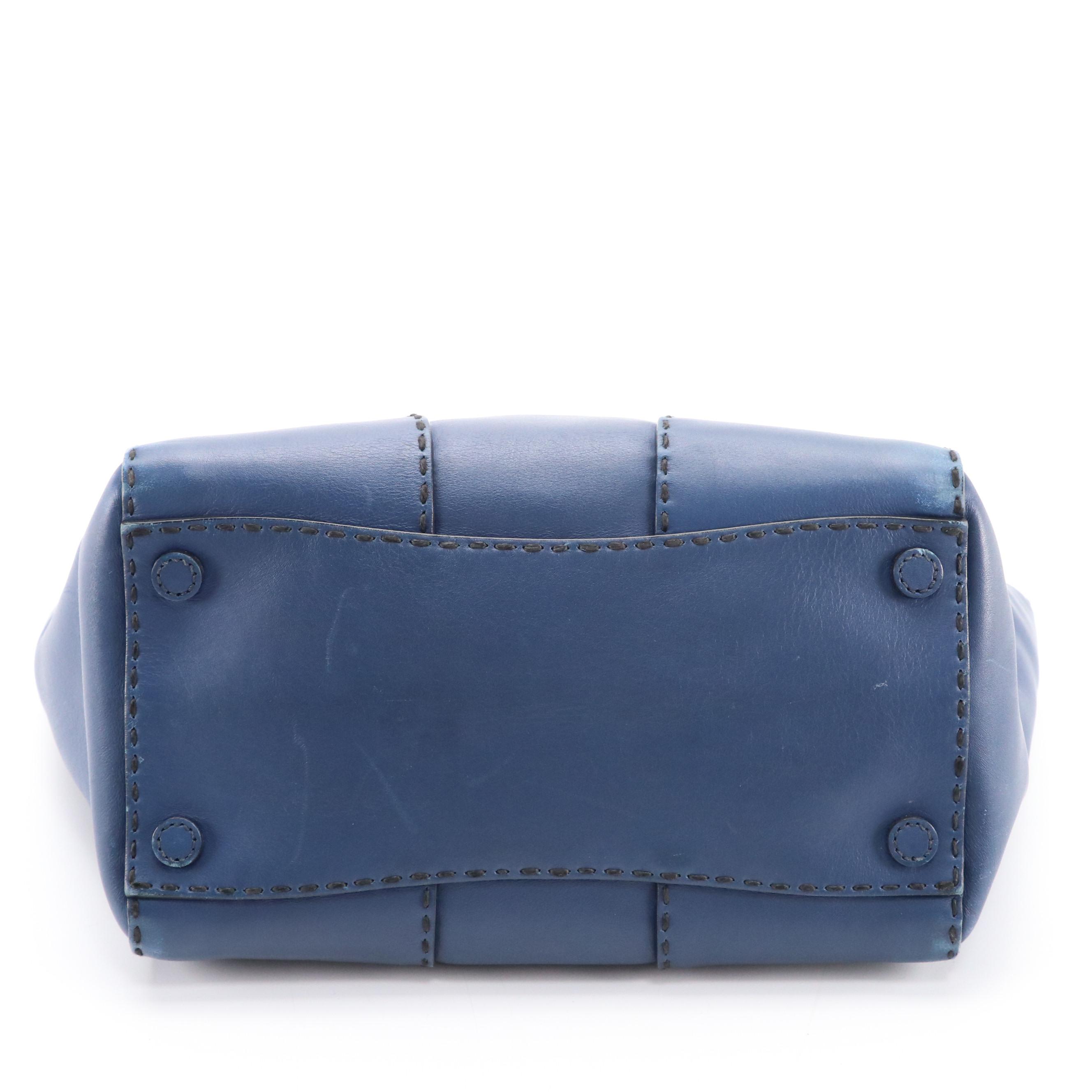 Prada Stitched Twin-Pocket Top-Handle Tote in Deep Blue Leather