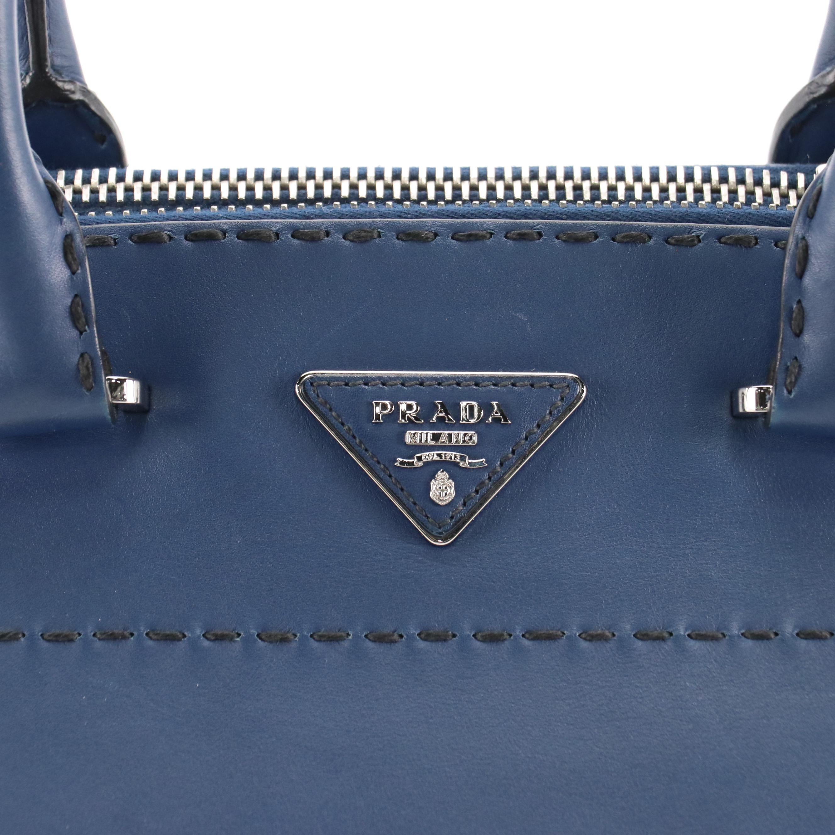 Prada Stitched Twin-Pocket Top-Handle Tote in Deep Blue Leather