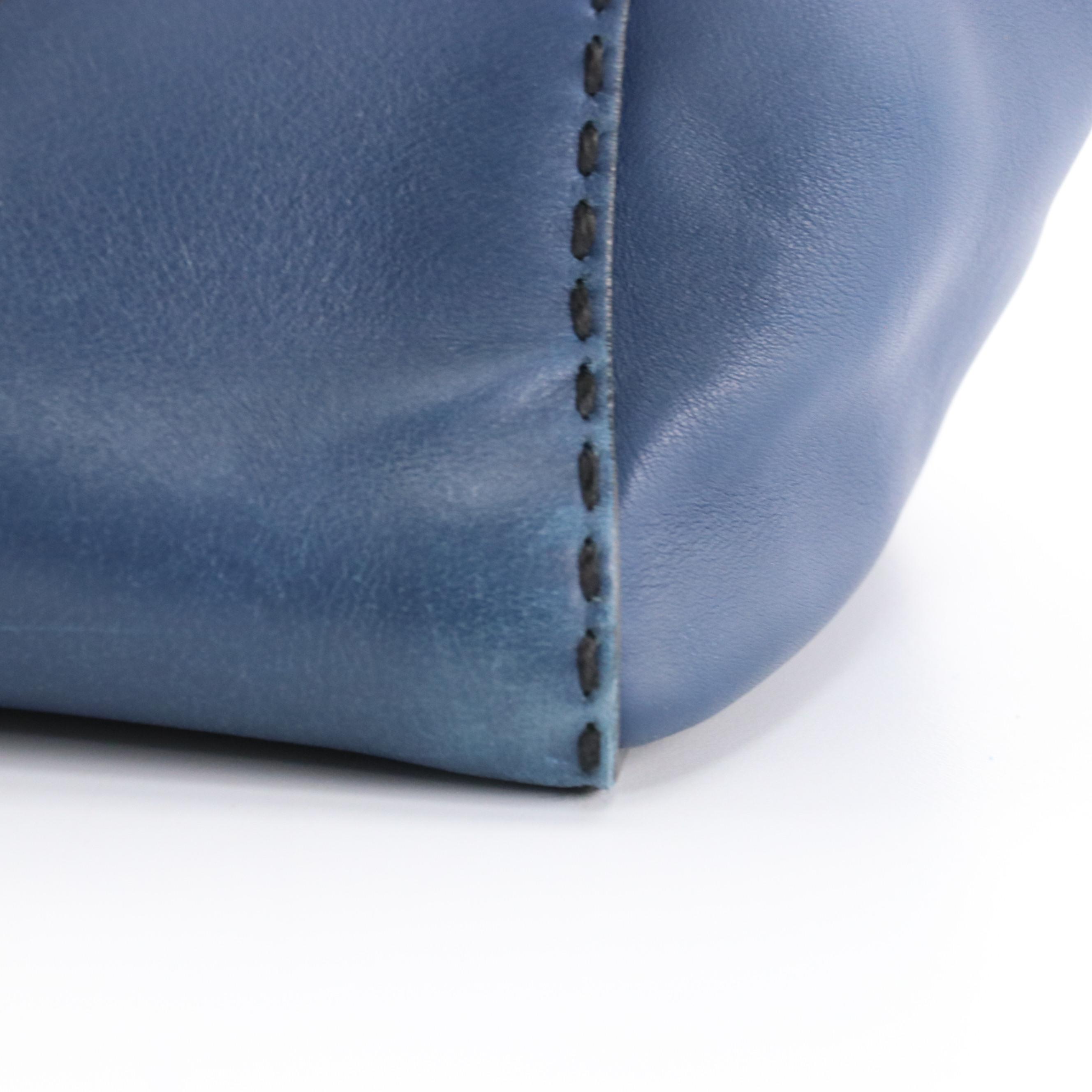 Prada Stitched Twin-Pocket Top-Handle Tote in Deep Blue Leather