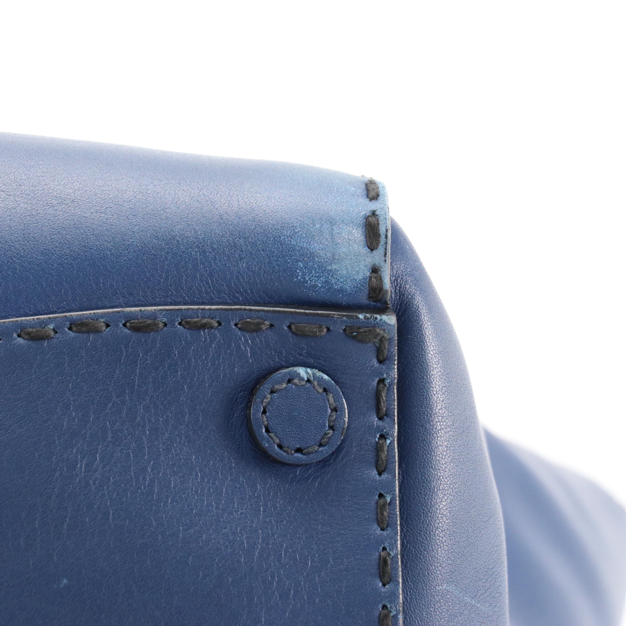 Prada Stitched Twin-Pocket Top-Handle Tote in Deep Blue Leather