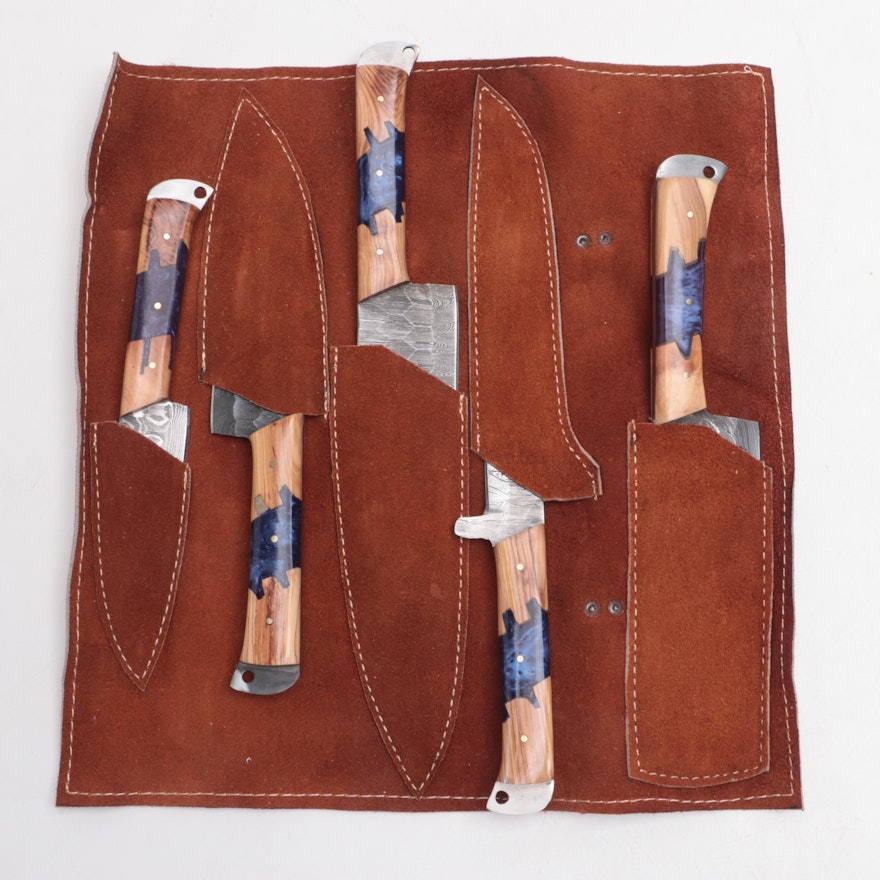 Damascus Steel Kitchen Knife Set with Resin and Wood Handles
