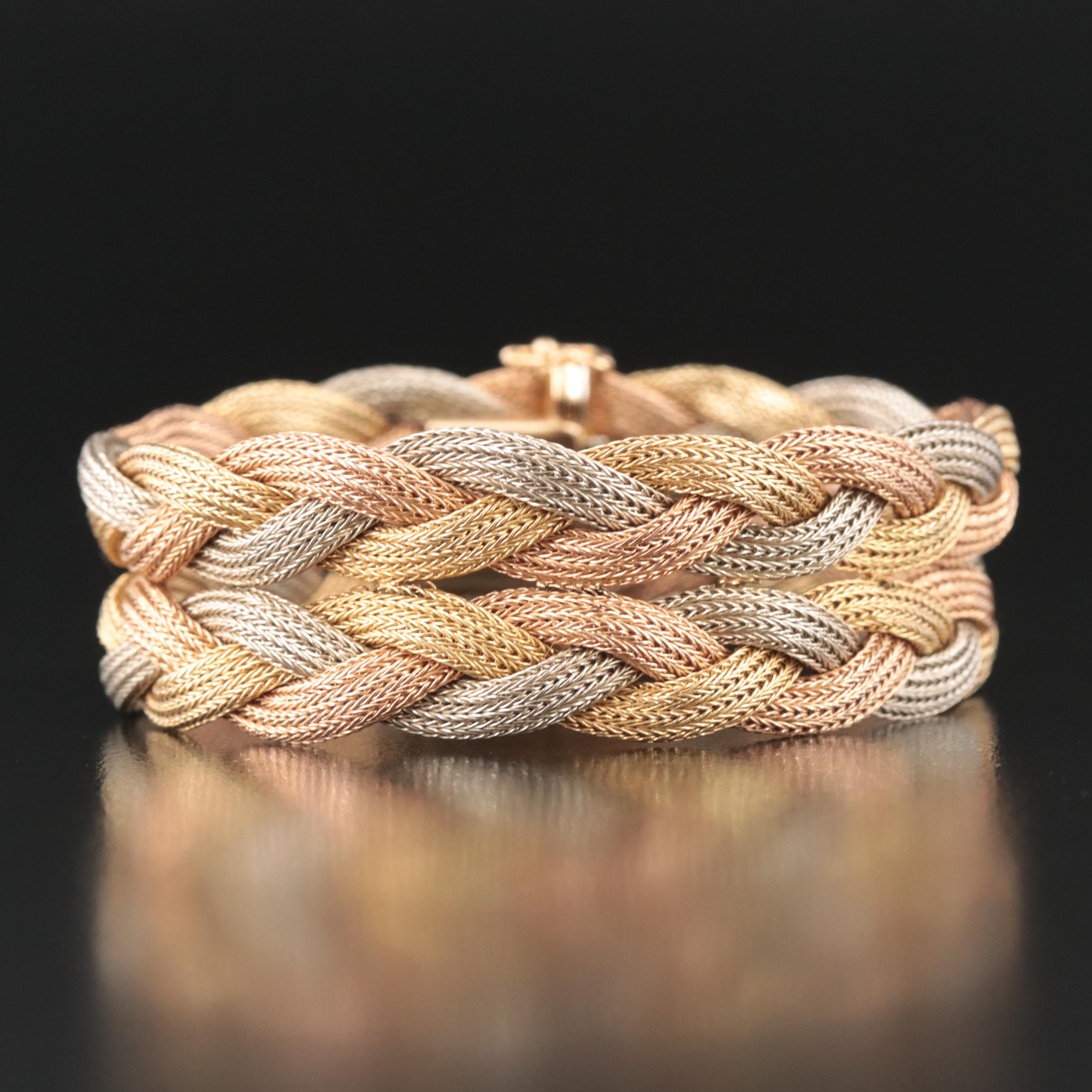 Italian Filippini Fratelli 18K Tri-Color Gold Braided Foxtail Mesh Bracelet