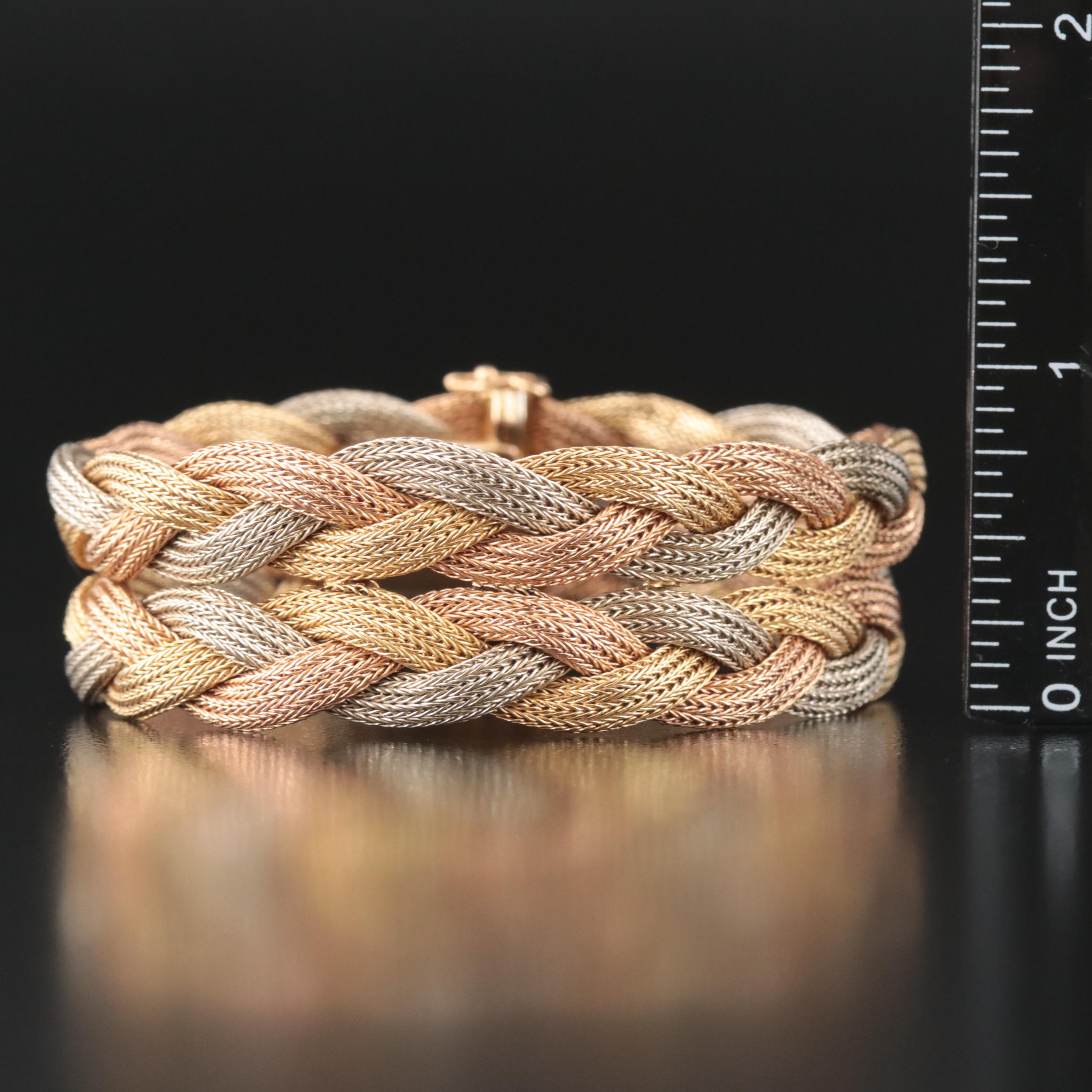 Italian Filippini Fratelli 18K Tri-Color Gold Braided Foxtail Mesh Bracelet